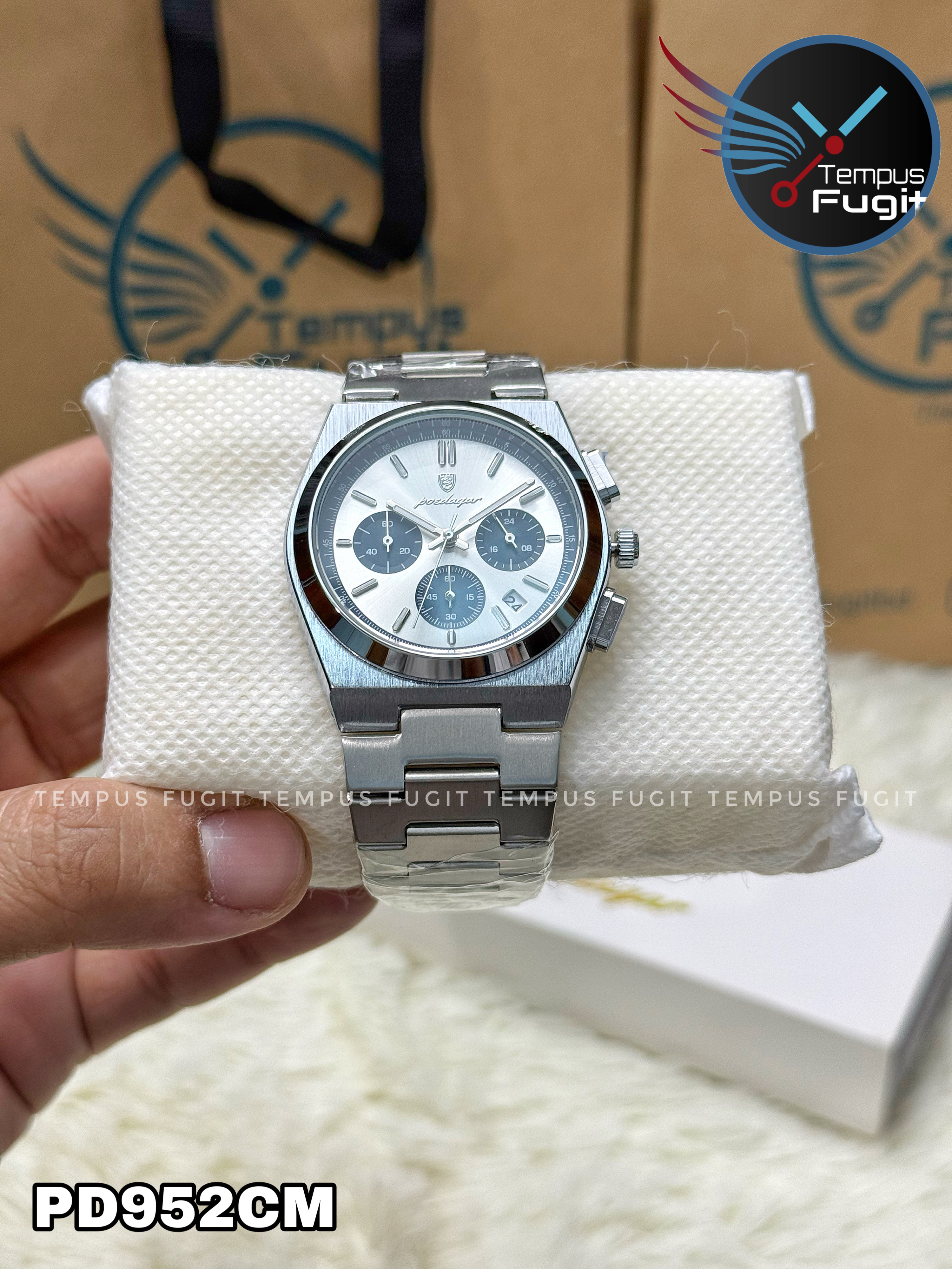 Poedagar 970 Gents Chronograph Chain Watch- Silver+Blue Dial- Silver Bezel- Silver Chain- TF Code PD952CM_img_4