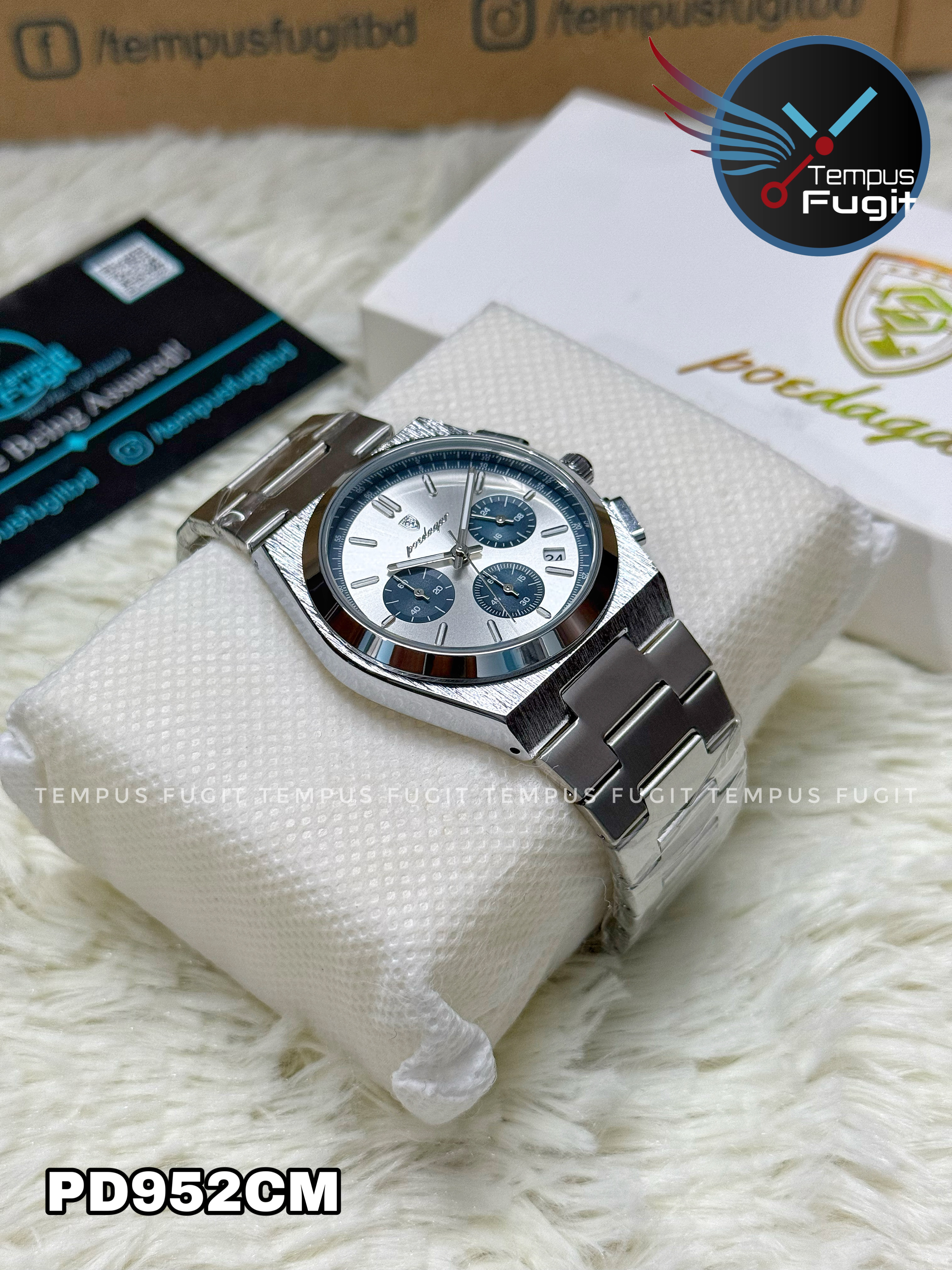Poedagar 970 Gents Chronograph Chain Watch- Silver+Blue Dial- Silver Bezel- Silver Chain- TF Code PD952CM_img_8