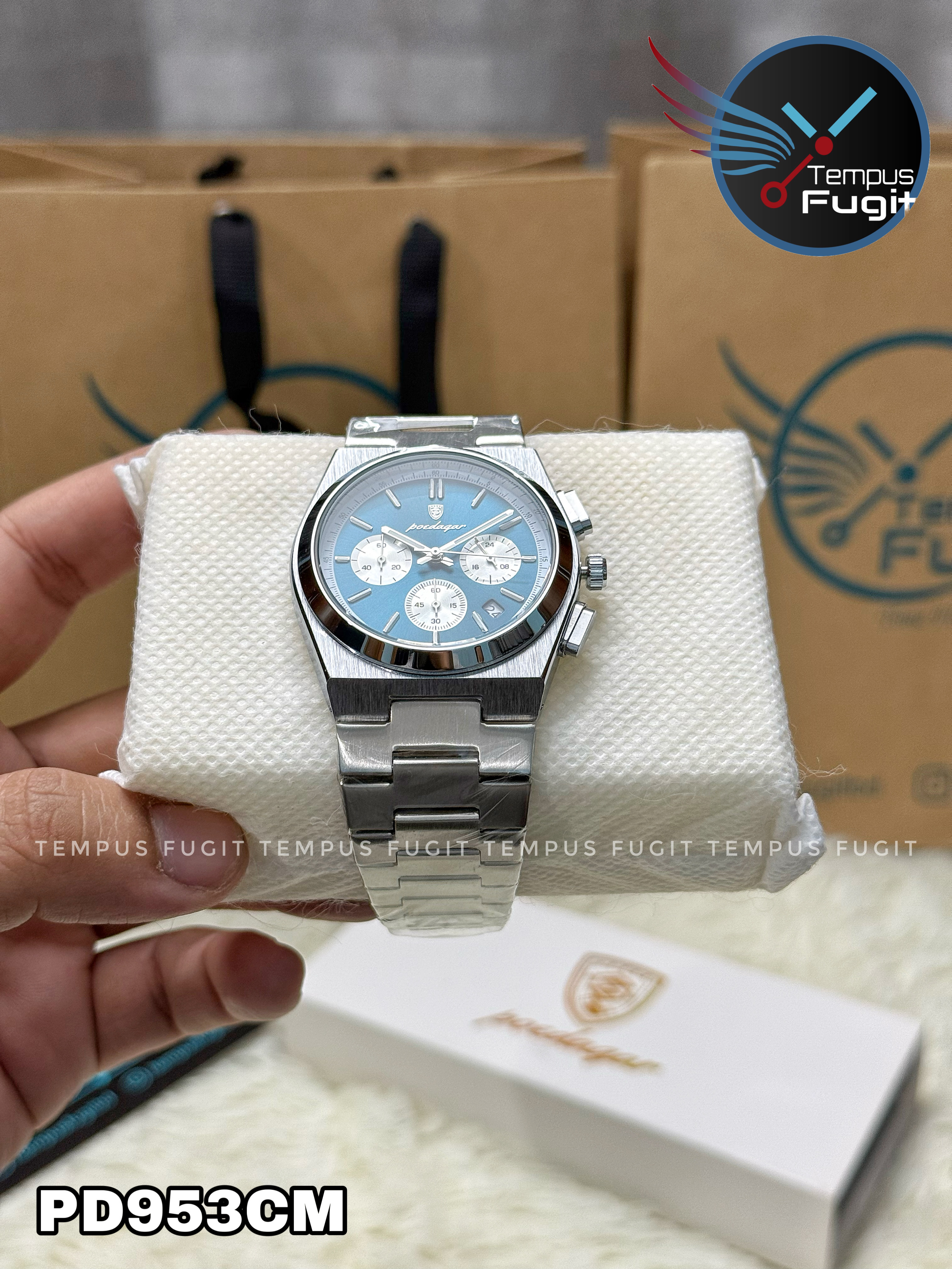 Poedagar 970 Gents Chronograph Chain Watch- Blue Dial- Silver Bezel- Silver Chain- TF Code PD953CM_img_8