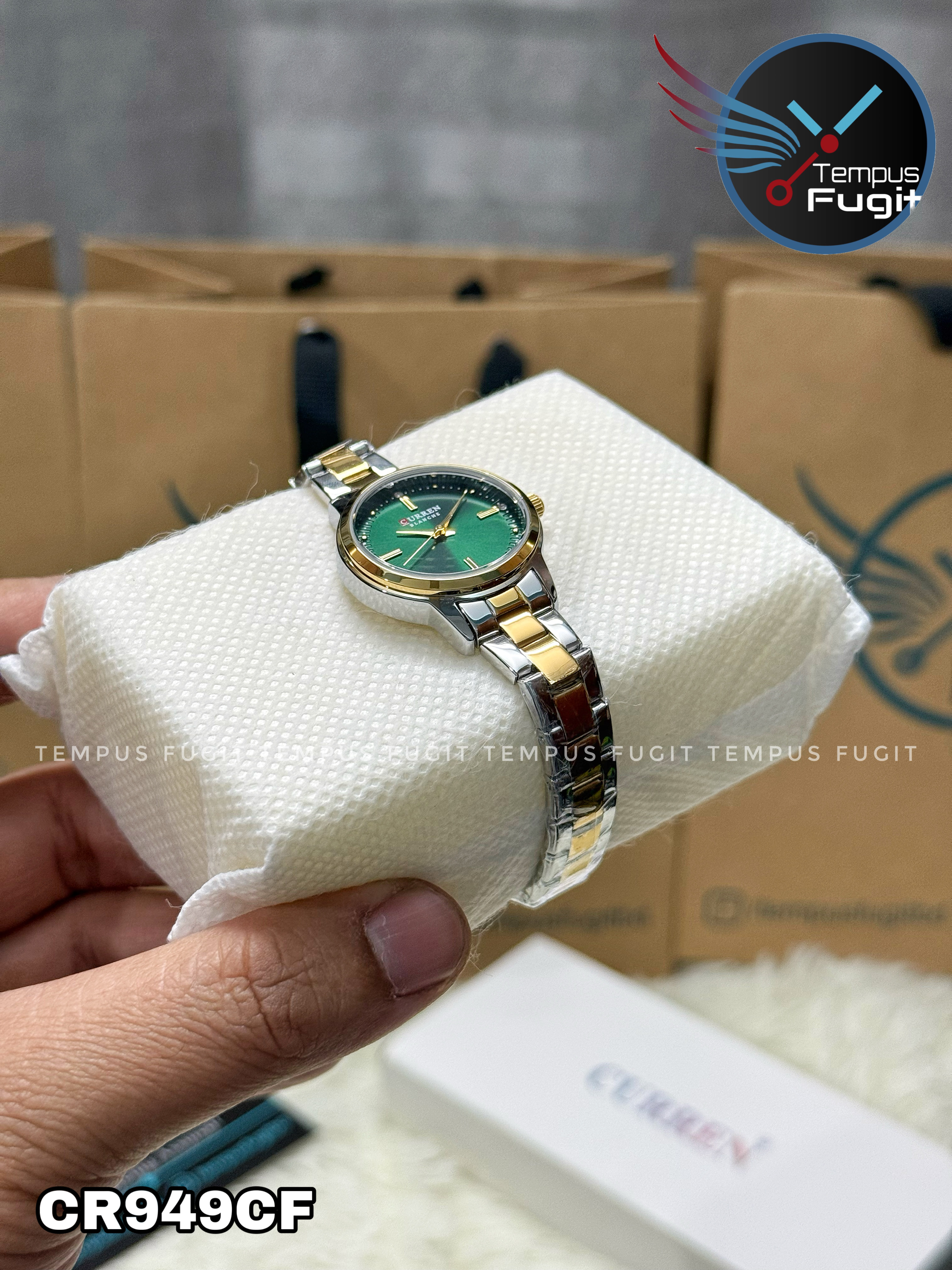 Curren 9094 Ladies Chain Watch- Green Dial- Golden Bezel- Silver+Golden Chain- TF Code CR949CF_img_11