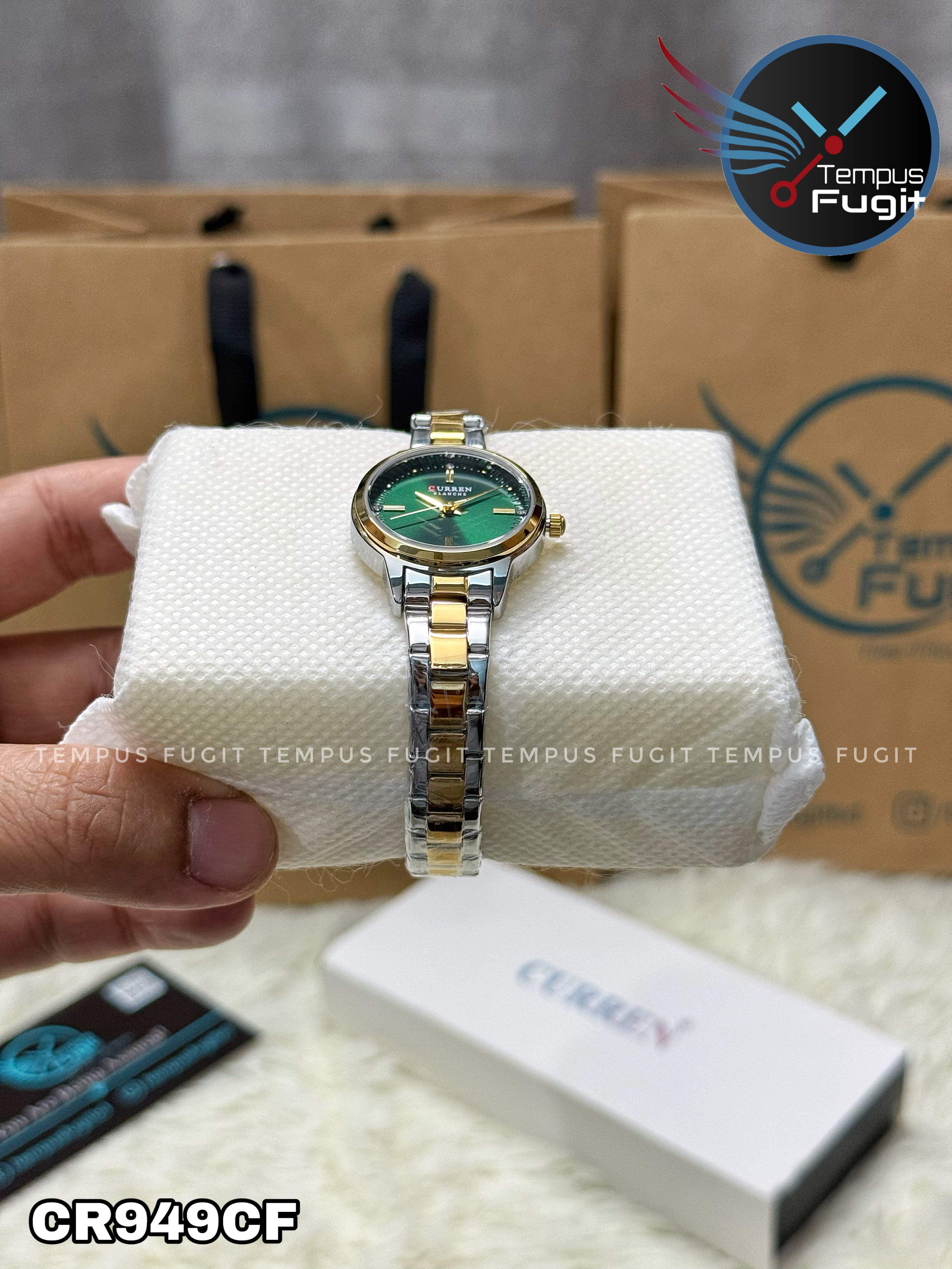 Curren 9094 Ladies Chain Watch- Green Dial- Golden Bezel- Silver+Golden Chain- TF Code CR949CF_img_12