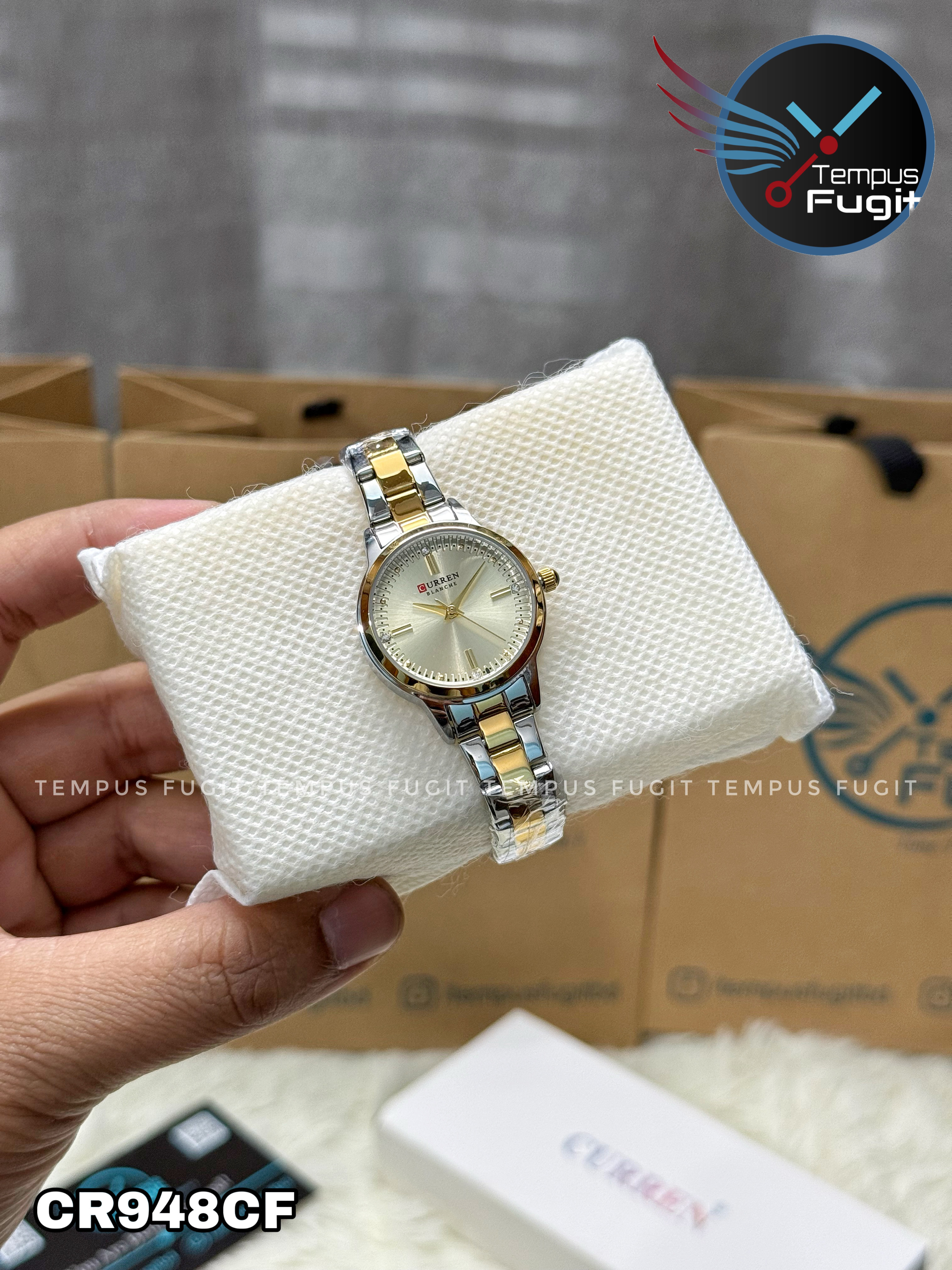 Curren 9094 Ladies Chain Watch- Golden Dial- Golden Bezel- Silver+Golden Chain- TF Code CR948CF_img_3