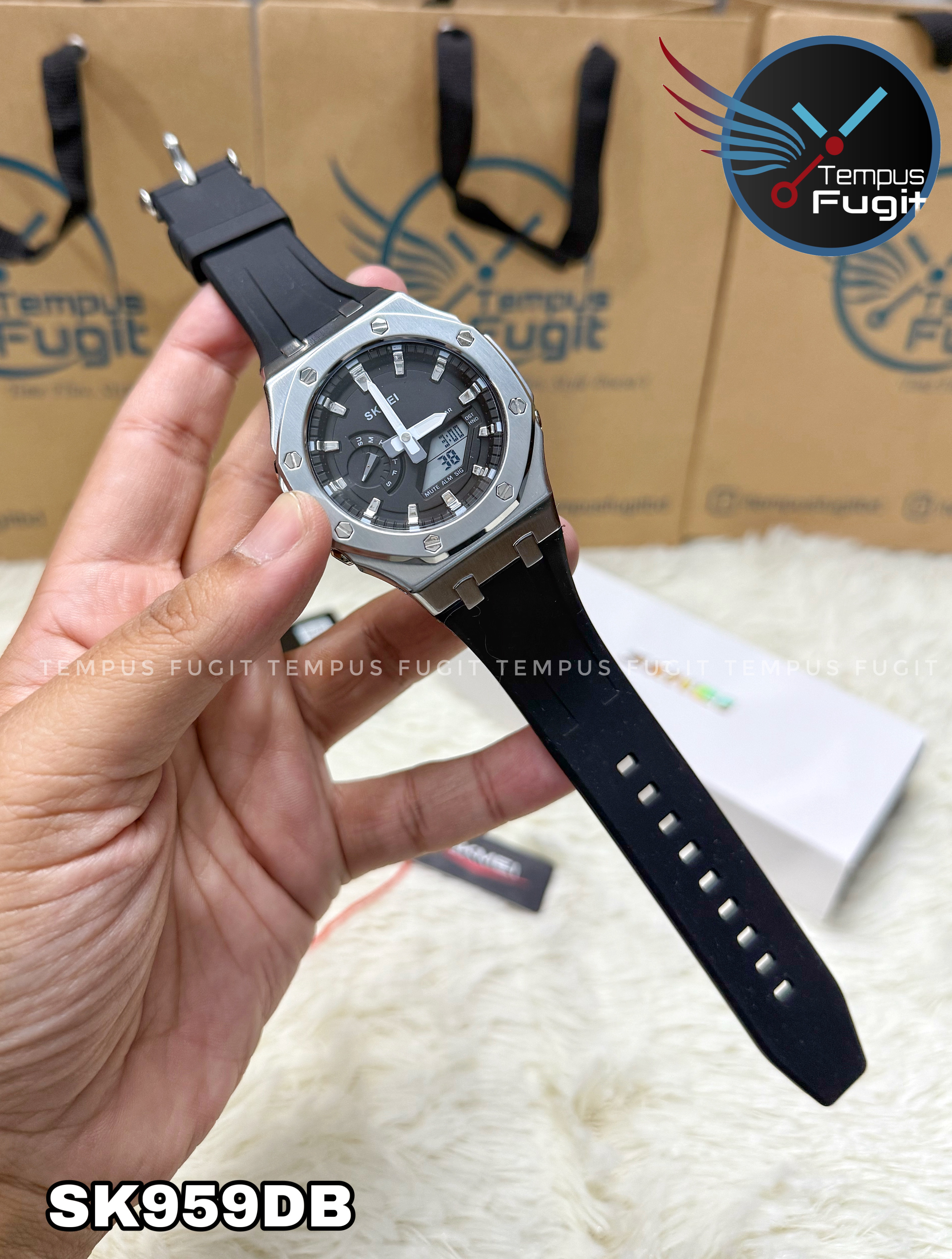 SKMEI 2243 Analogue+Digital Silicone Strap Sports Watch- Black Dial with White Markings- Silver Bezel- Black Strap- TF Code SK959DB_img_9