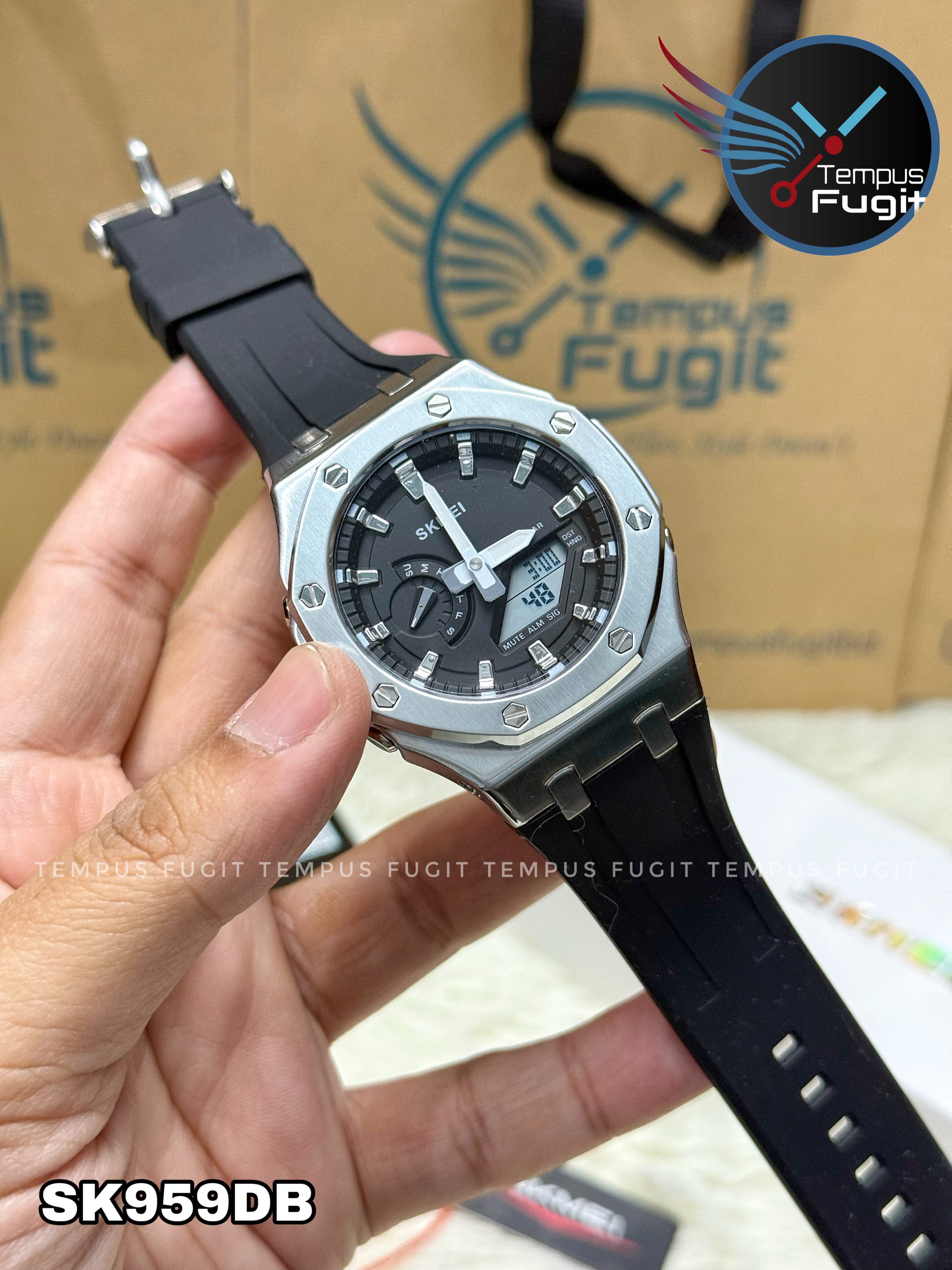 SKMEI 2243 Analogue+Digital Silicone Strap Sports Watch- Black Dial with White Markings- Silver Bezel- Black Strap- TF Code SK959DB_img_10