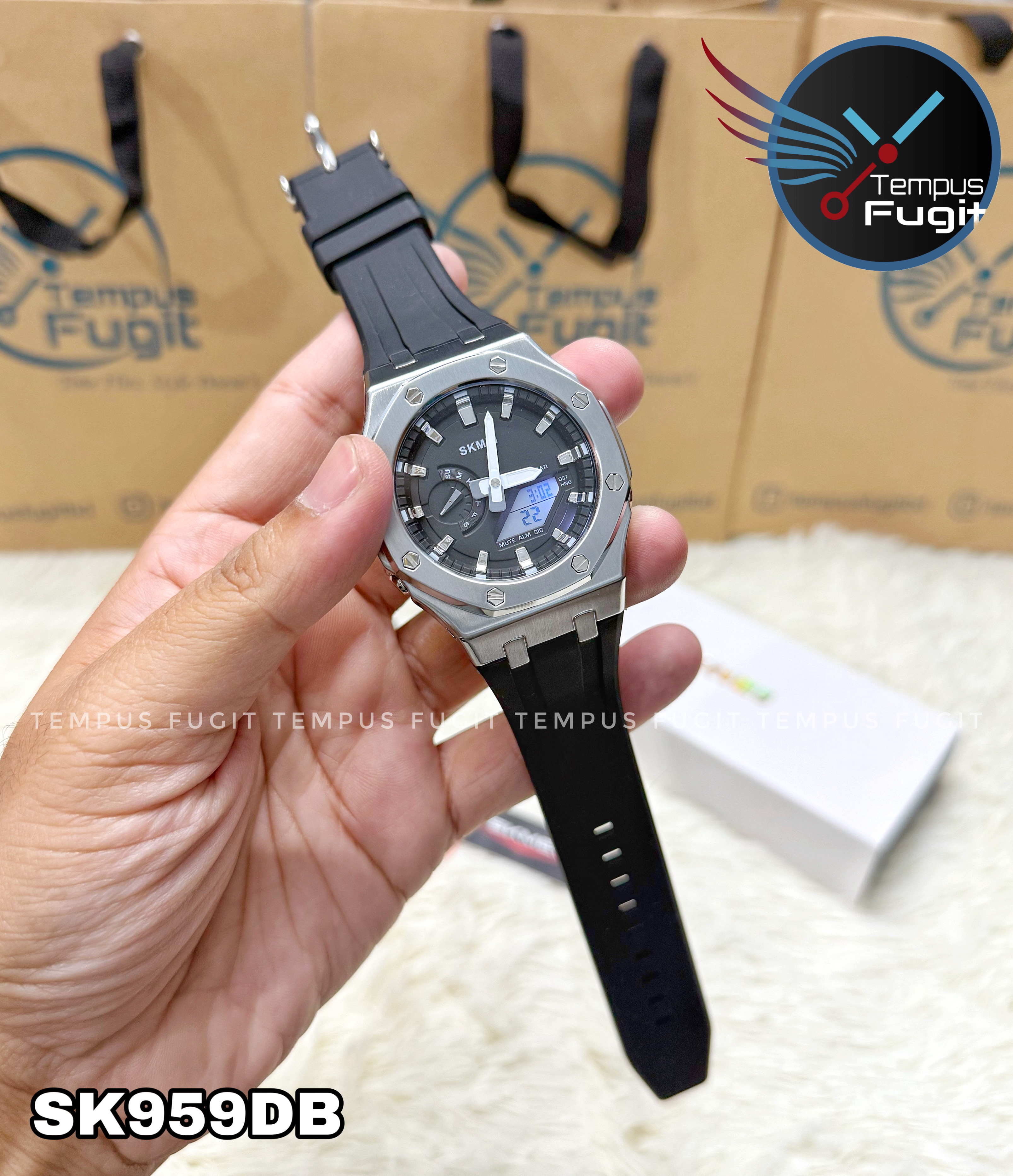 SKMEI 2243 Analogue+Digital Silicone Strap Sports Watch- Black Dial with White Markings- Silver Bezel- Black Strap- TF Code SK959DB_img_14