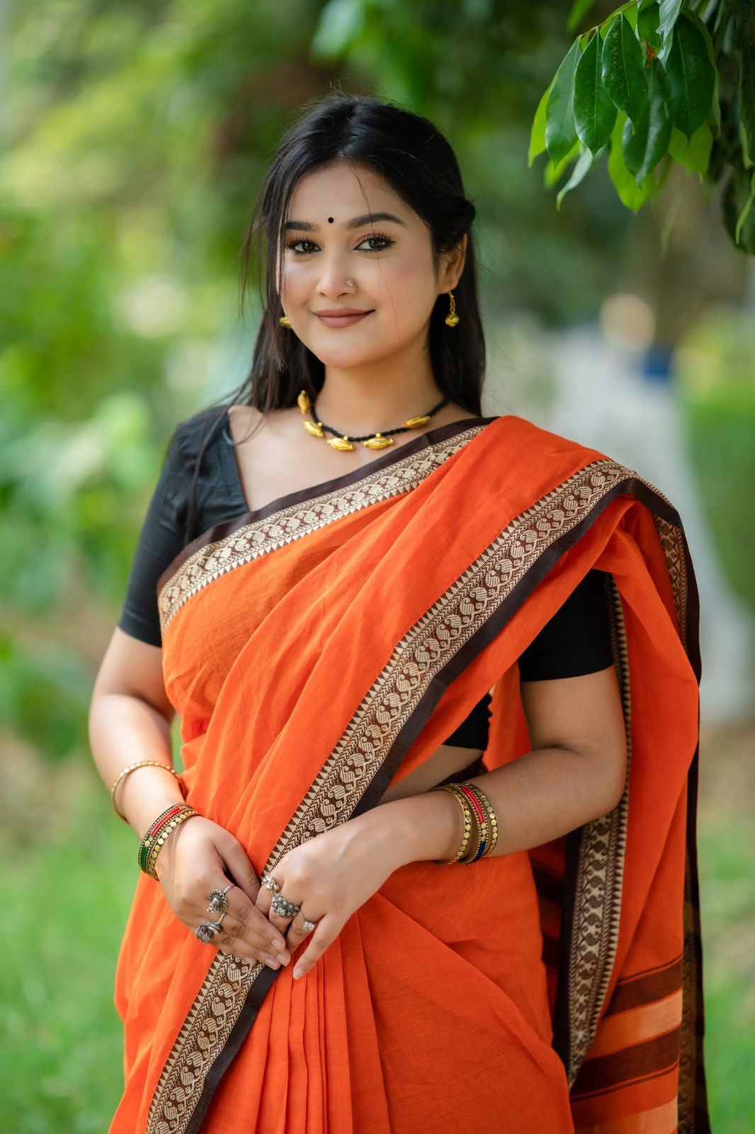 Handloom Orange black par saree
