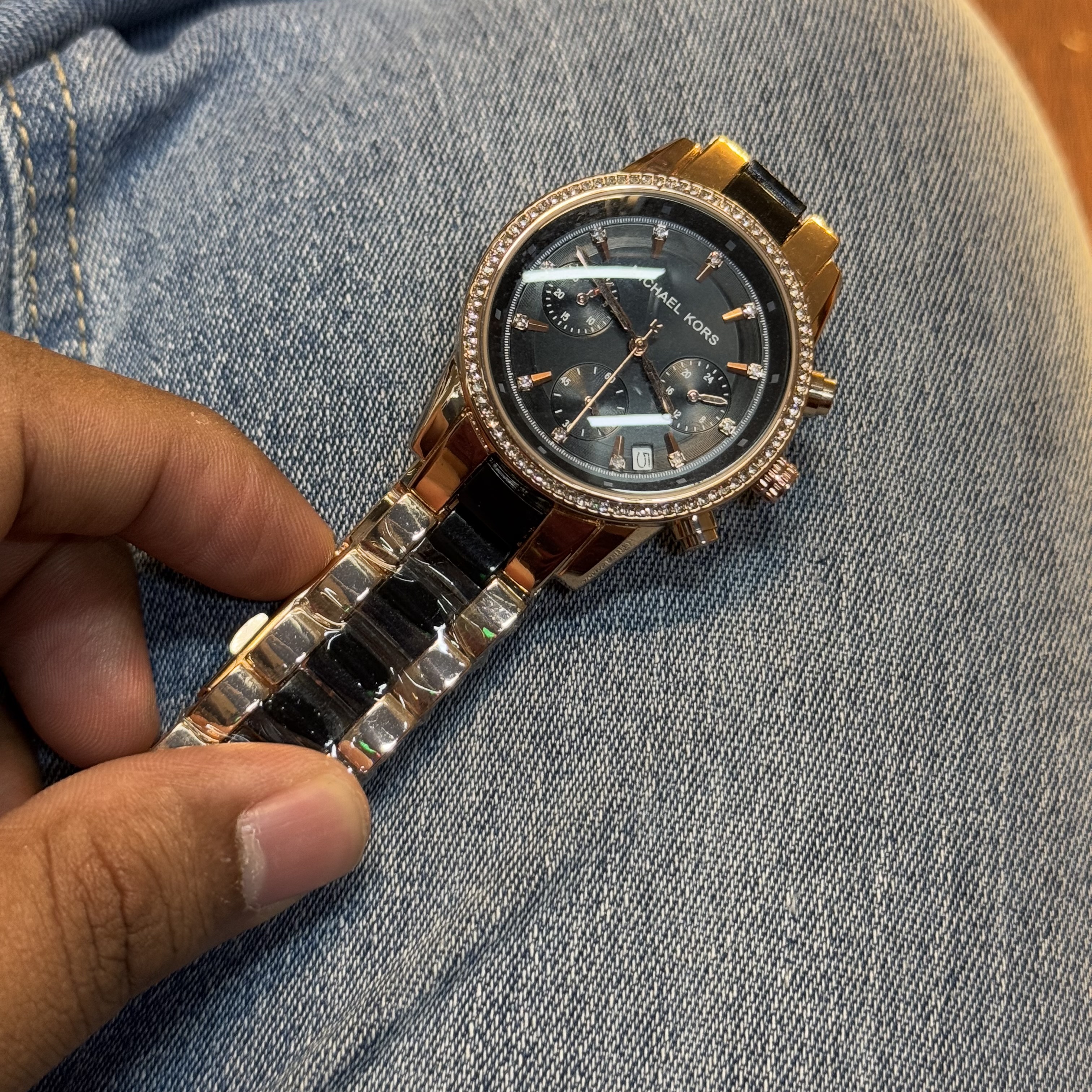 MK dual tone Rose gold Black stone Black chronograph dial