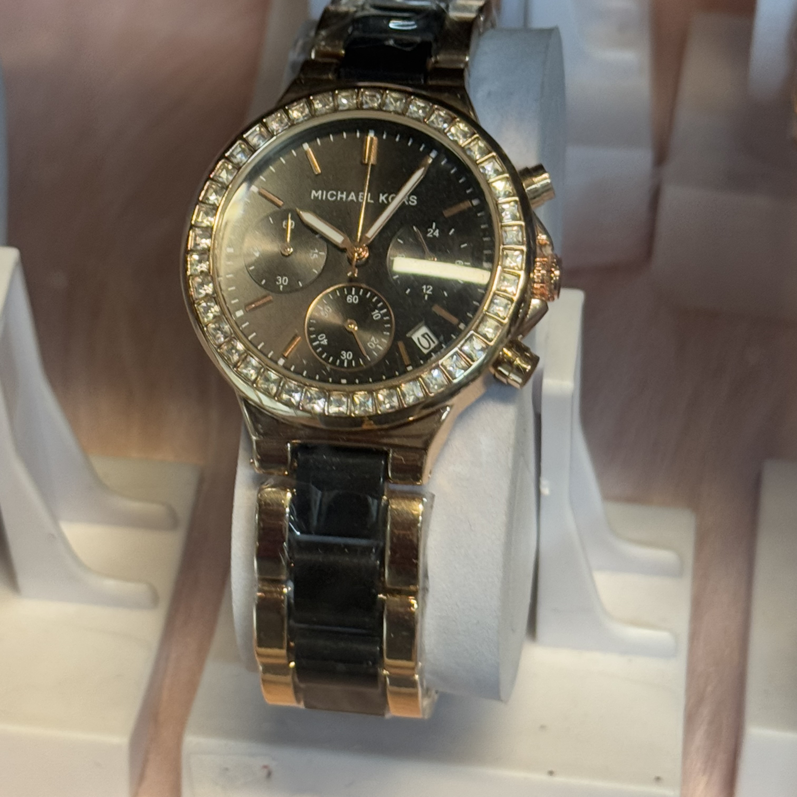 Mk Dual Tone Black rose gold Black big stone bezel chronograph