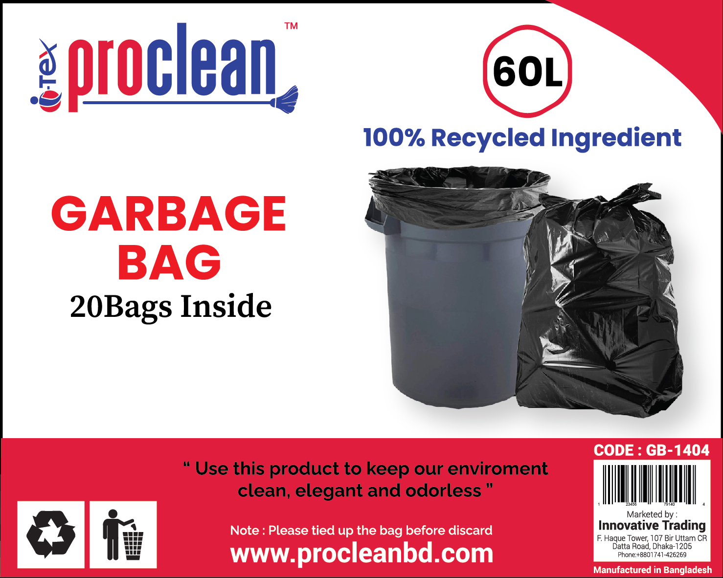 Proclean Garbage Bag 60L ( 20pcs ) GB-1404_img_1