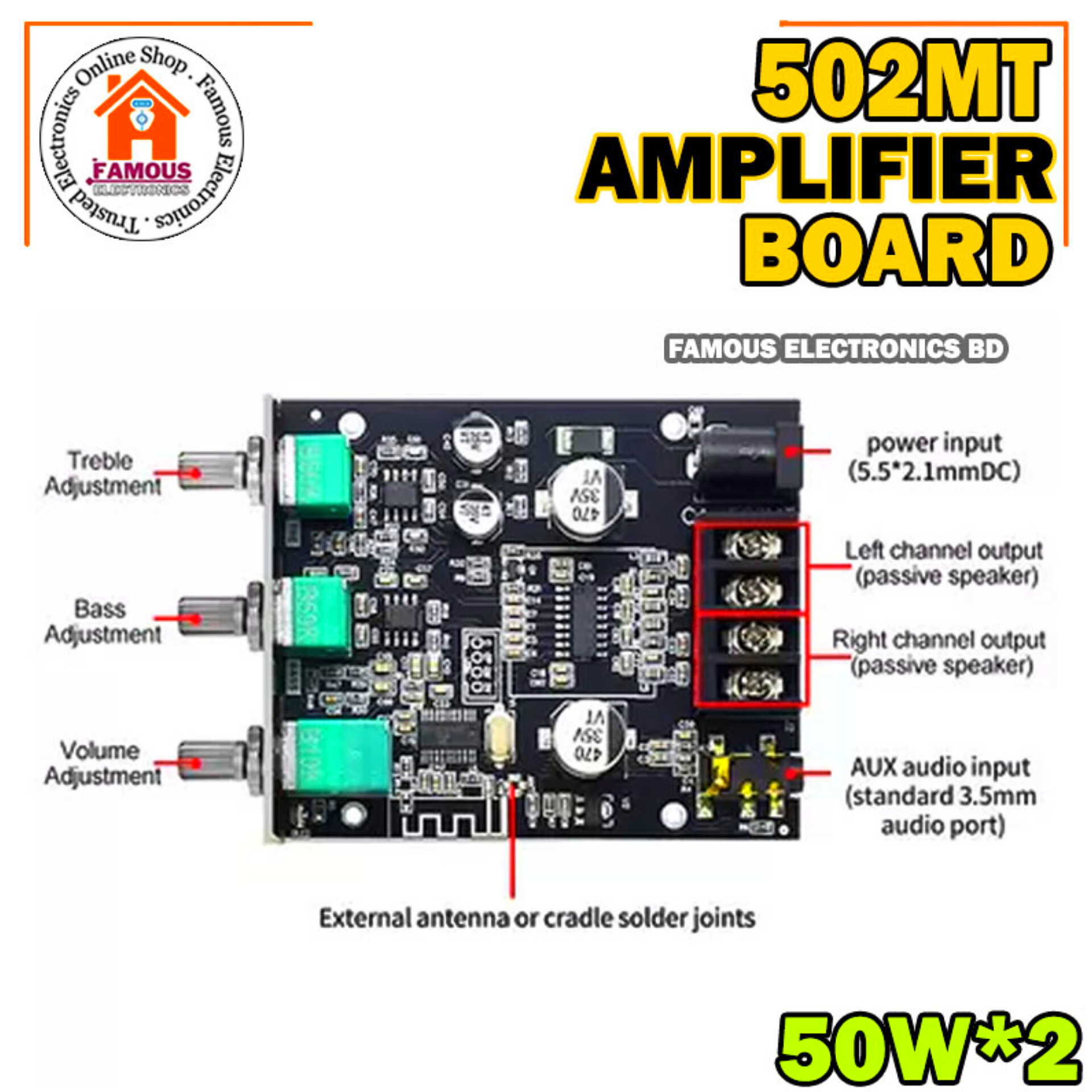 502MT Bluetooth 5.0 Super Base Amplifier Board with Acrylic Box Sell 2.0 Channel 2x50W Power Audio Stereo Amplifier Board AUX Bass Treble AMP similar ZK-502M CA-502MT ZK-502MT_img_4
