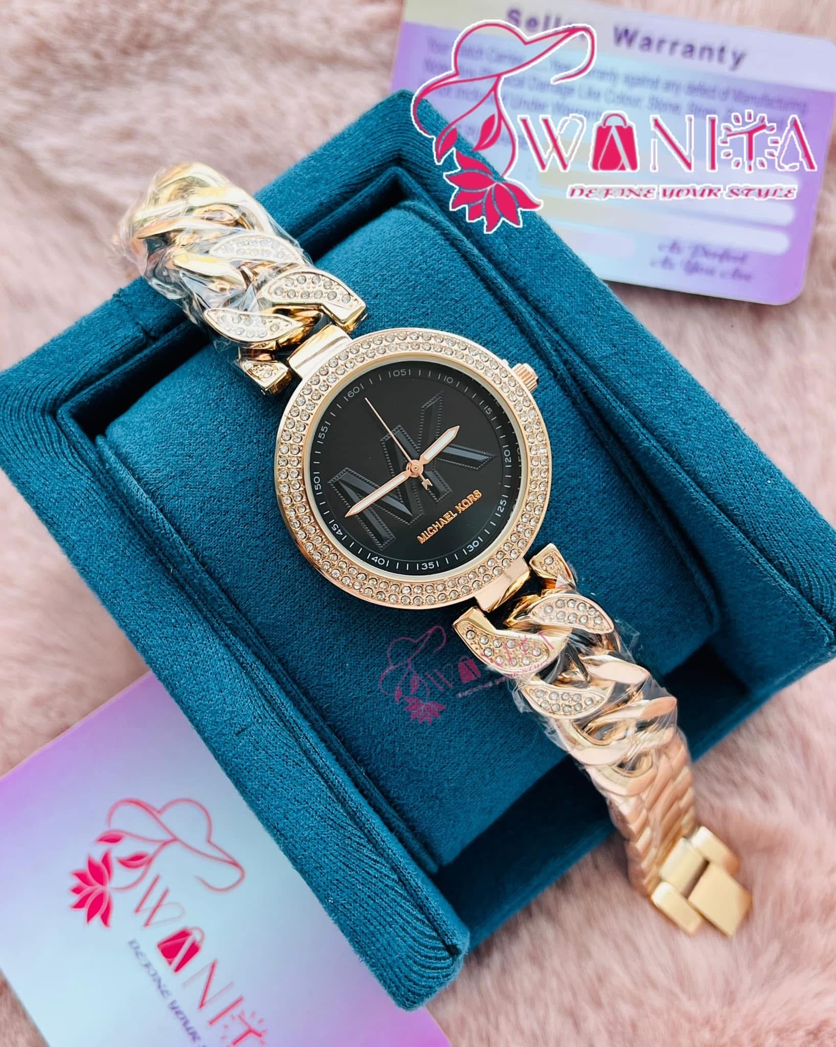 Michael Kors Rose Gold Black Dial Stone Watch