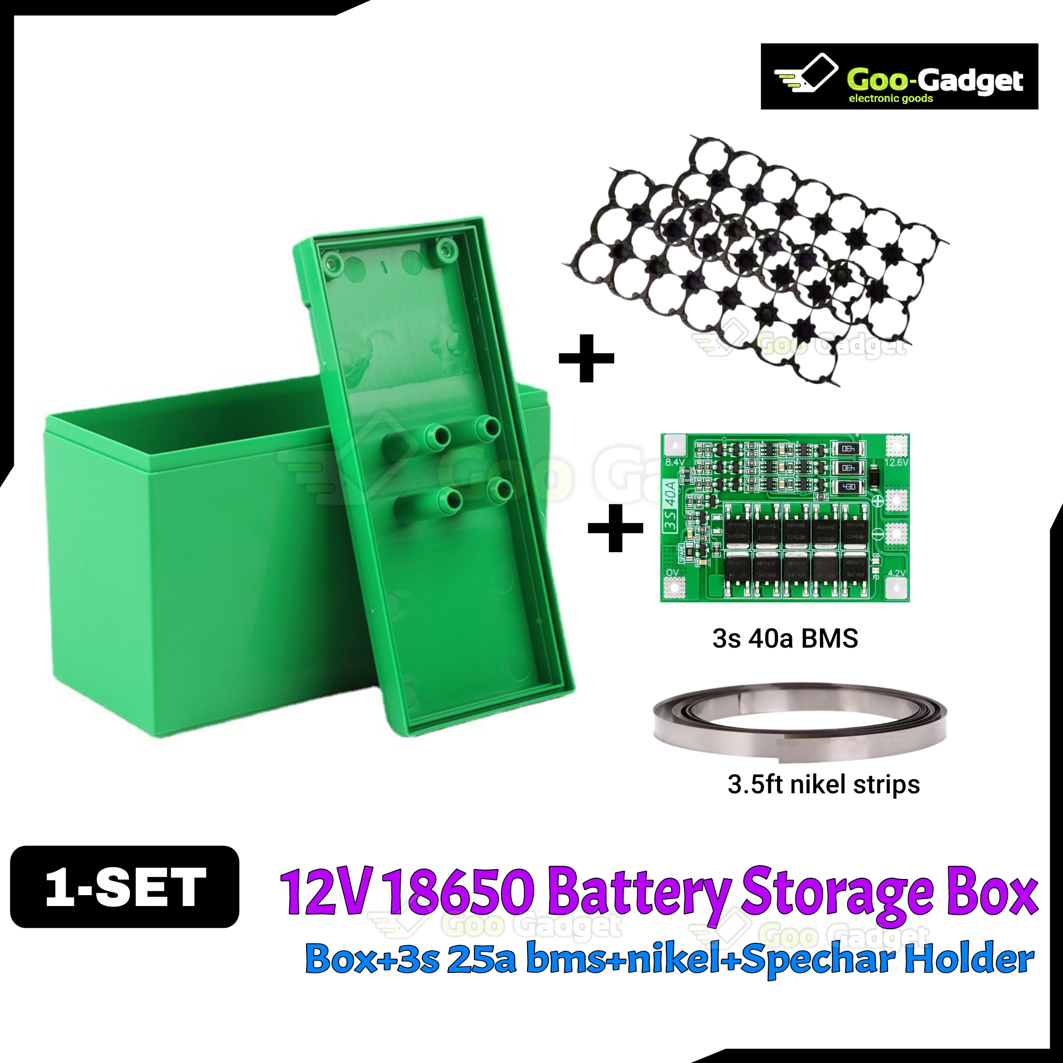DIY 18650 Battery Storage Box Set (12.6V) – 21-Cell Storage Box + 3S 25A/40A BMS + Spacer Holder + 3.5ft Nickel Strip – 1 Set_img_1