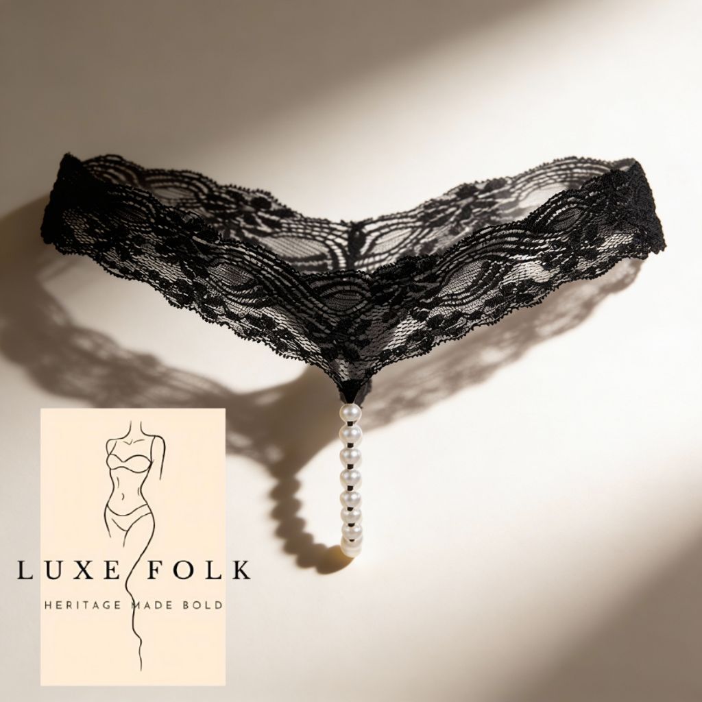 Sexy Pearl Lace G-String Panty for Women | Transparent Free Crotch Thong | One Size Fit | Pearl Black Lingerie_img_1