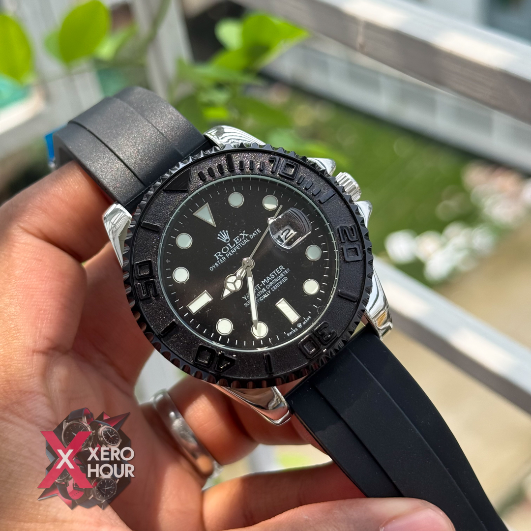 Rolex Yacth Master Silver Black Dial | Silicon Strap