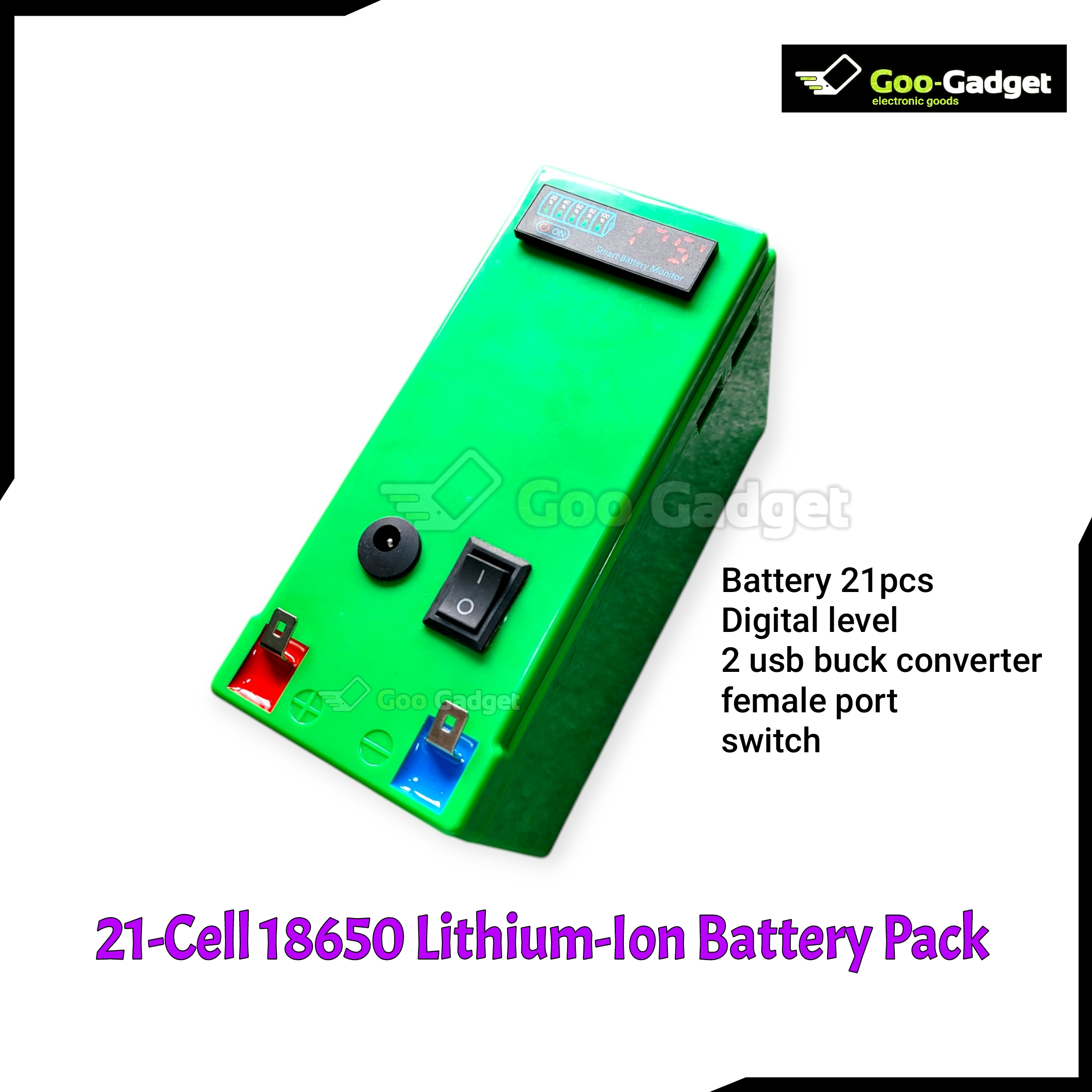 21-Cell 18650 Lithium-Ion Battery Pack with Digital Level Indicator, Dual USB Output & Switch – Green