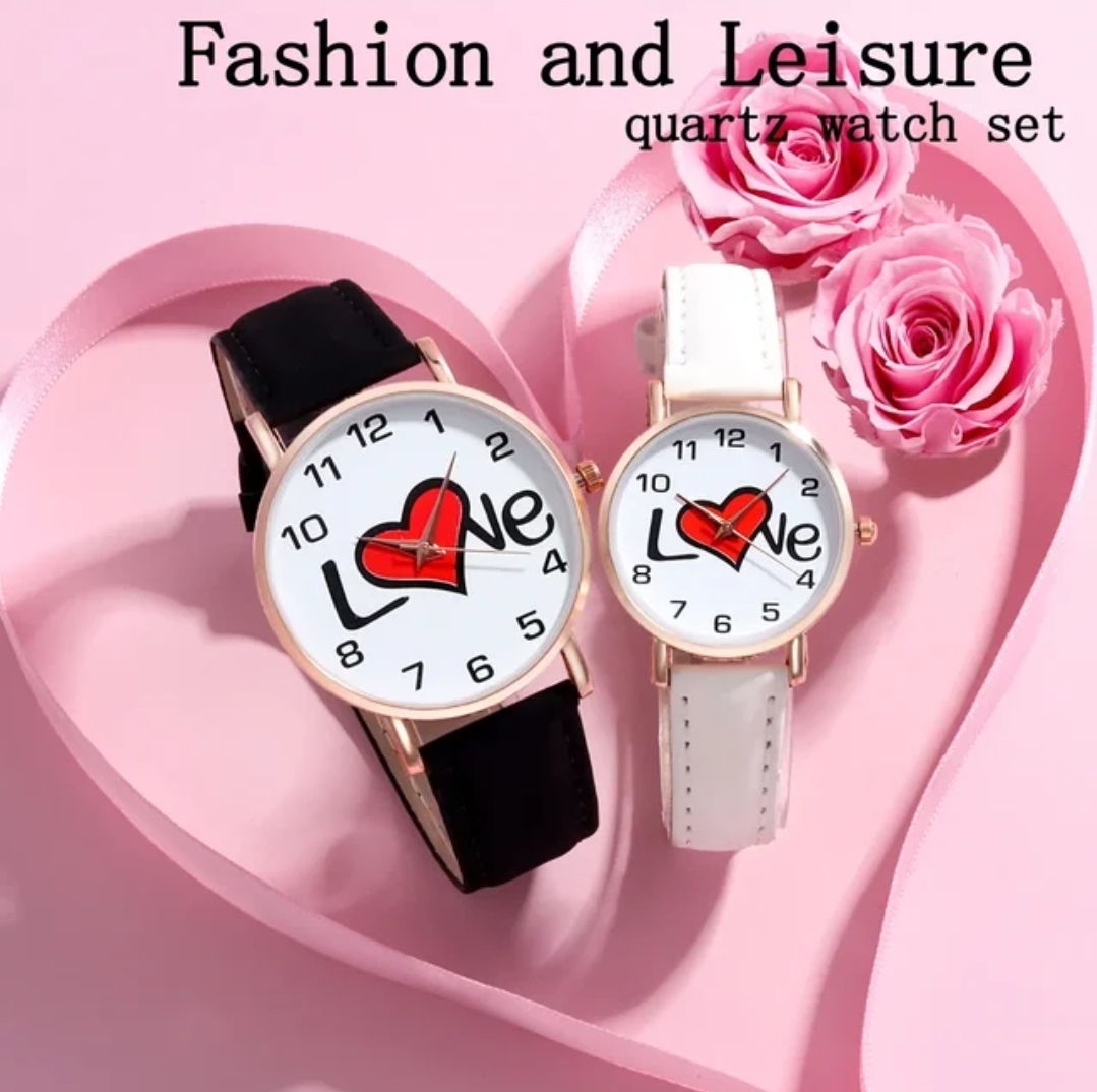 2-Piece Top Luxury Couple Digital LOVE Leather Quartz Watch Set For Men And Women Casual Valentine's Day Christmas Gift_img_1