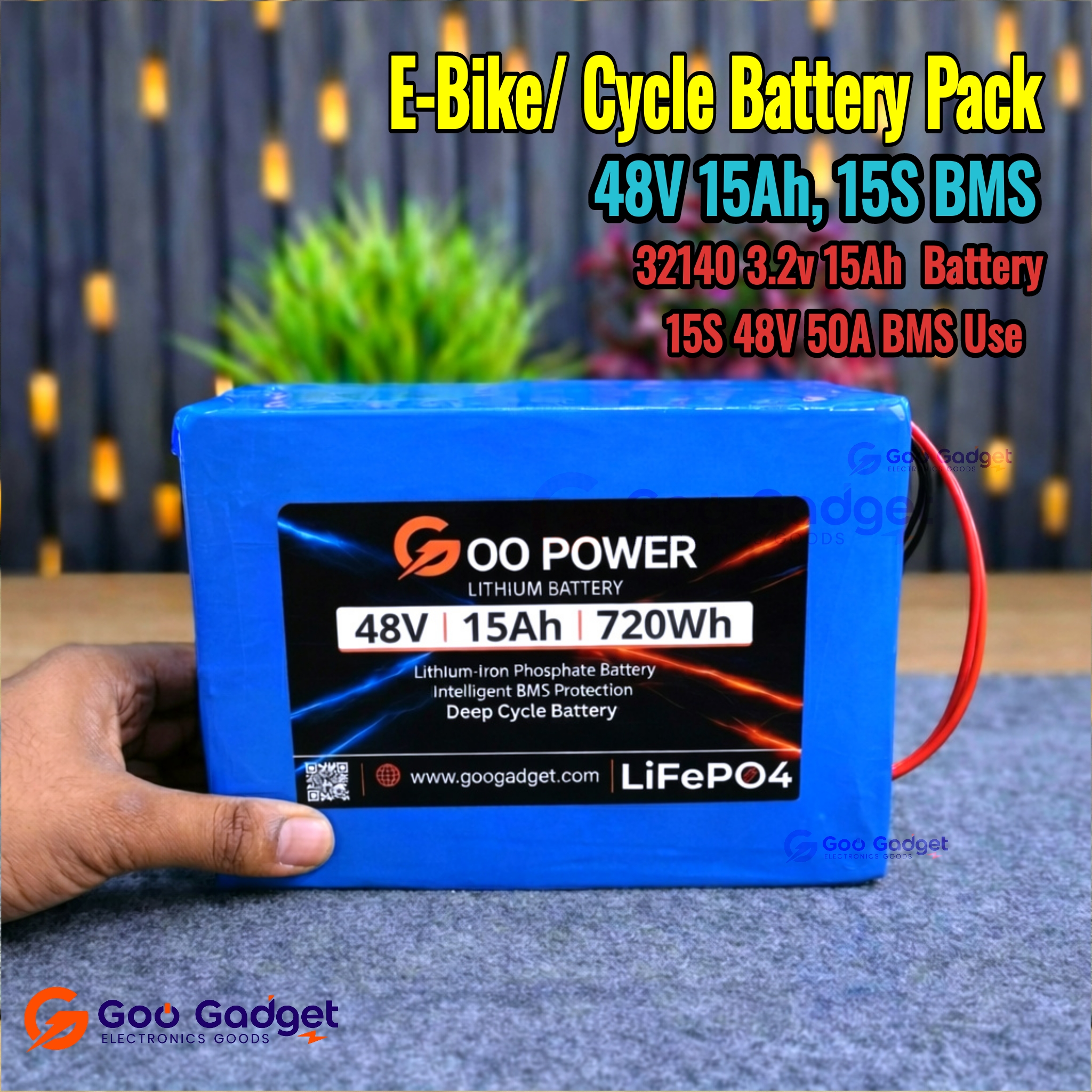 48V 15Ah LiFePO4 E-Bike Cycle Battery Pack with 32140 3.2v 15Ah Battery & 15S 50A BMS