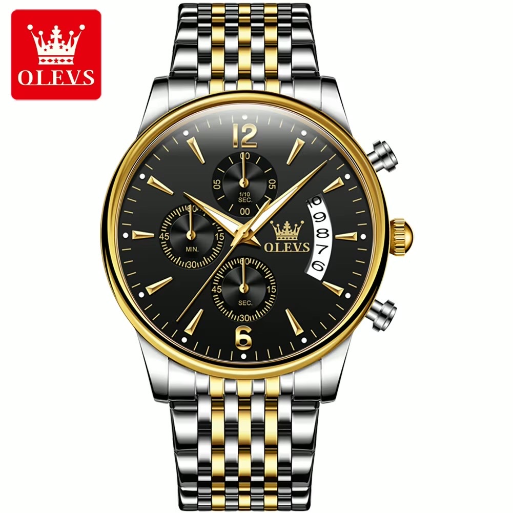 OLEVS 2867 Gents Chain Watch- Black Dial- Golden Bezel- Silver+Golden Chain- TF Code_img_0