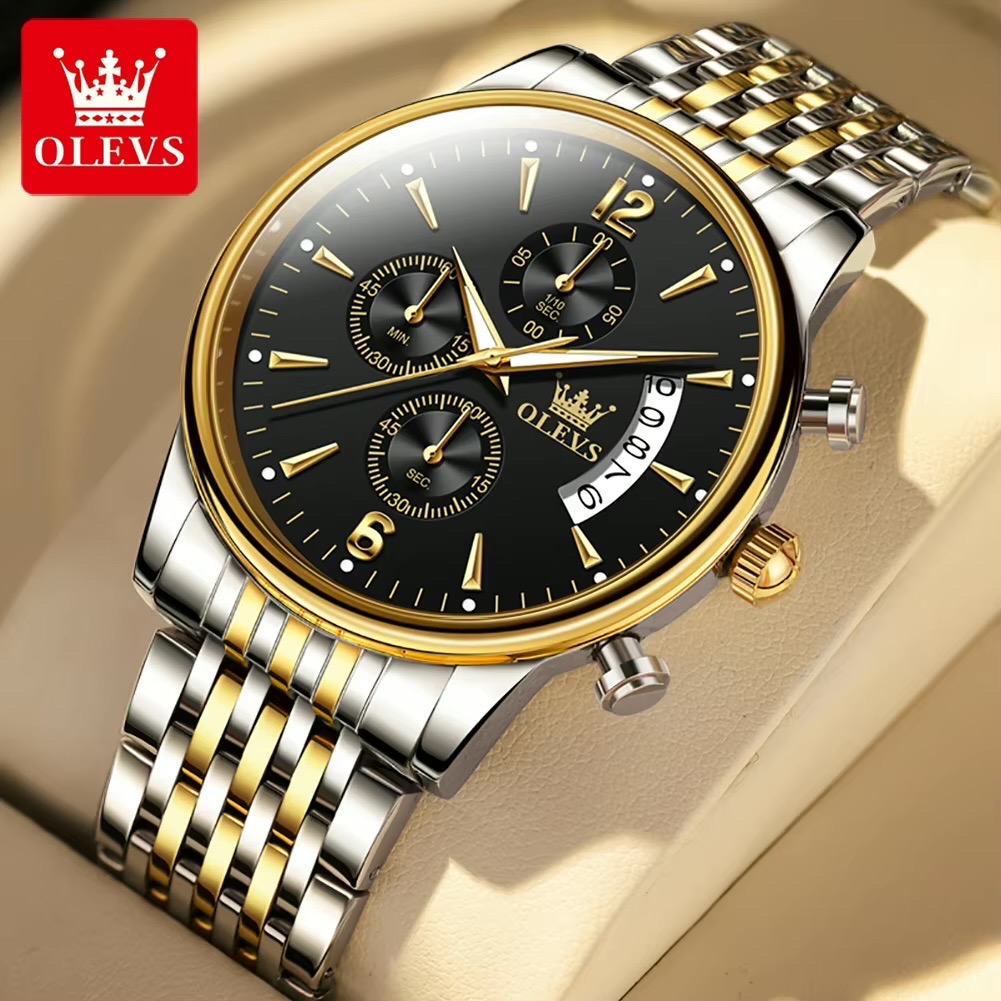 OLEVS 2867 Gents Chain Watch- Black Dial- Golden Bezel- Silver+Golden Chain- TF Code_img_1