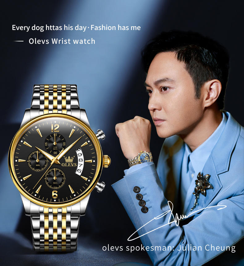 OLEVS 2867 Gents Chain Watch- Black Dial- Golden Bezel- Silver+Golden Chain- TF Code_img_2