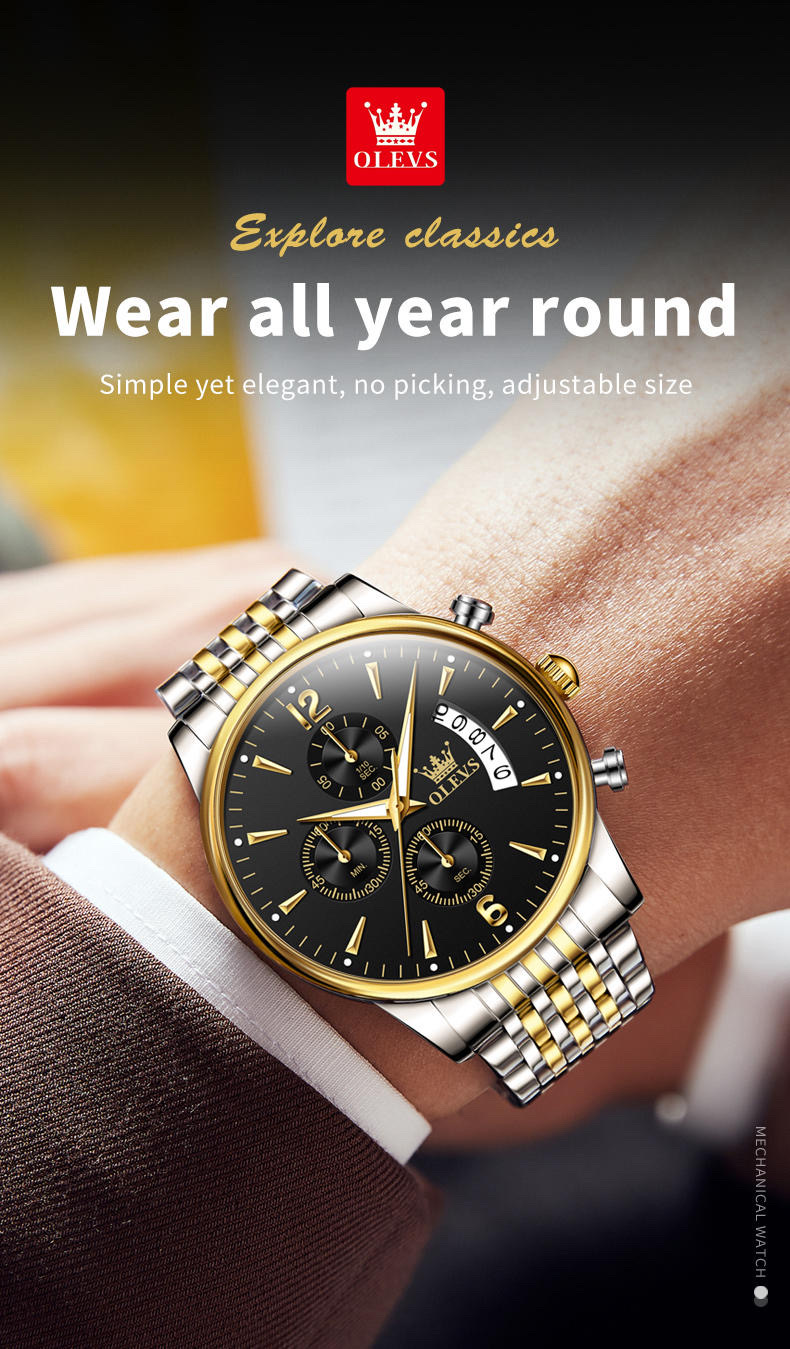 OLEVS 2867 Gents Chain Watch- Black Dial- Golden Bezel- Silver+Golden Chain- TF Code_img_3