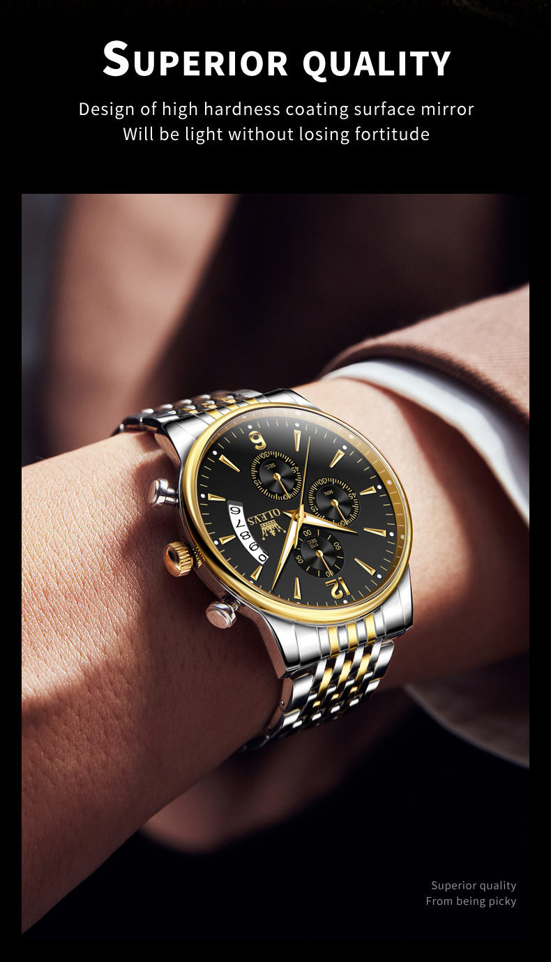 OLEVS 2867 Gents Chain Watch- Black Dial- Golden Bezel- Silver+Golden Chain- TF Code_img_4