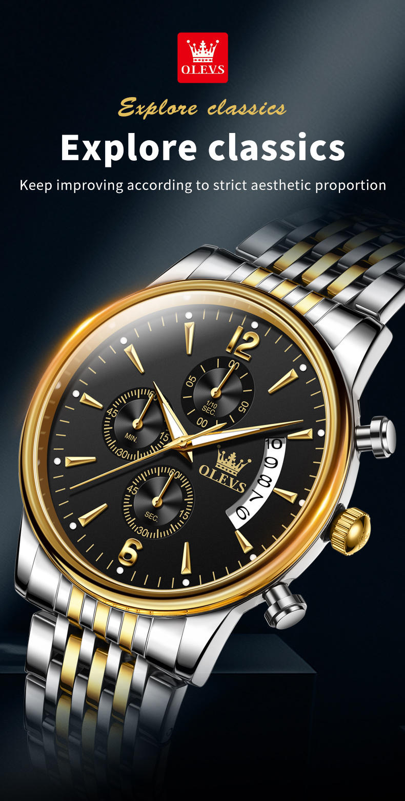 OLEVS 2867 Gents Chain Watch- Black Dial- Golden Bezel- Silver+Golden Chain- TF Code_img_5