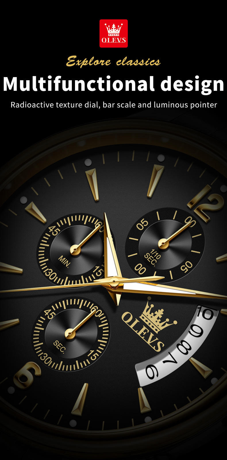 OLEVS 2867 Gents Chain Watch- Black Dial- Golden Bezel- Silver+Golden Chain- TF Code_img_7