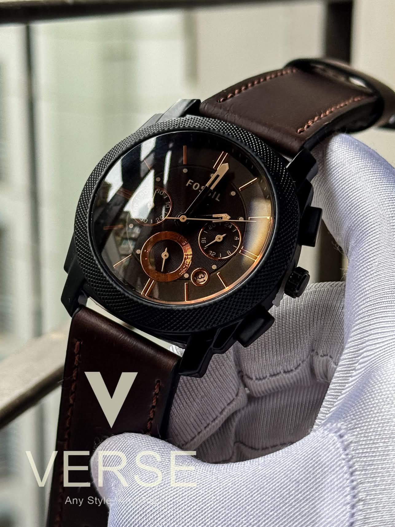 Fossil belt chronograph brown glass