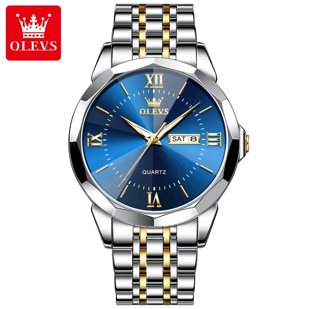 OLEVS 9989 Gents Chain Watch- Blue Dial- Silver Bezel- Silver+Golden Chain- TF Code OL969CM_img_0