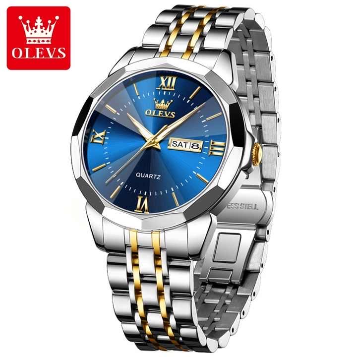 OLEVS 9989 Gents Chain Watch- Blue Dial- Silver Bezel- Silver+Golden Chain- TF Code OL969CM_img_1