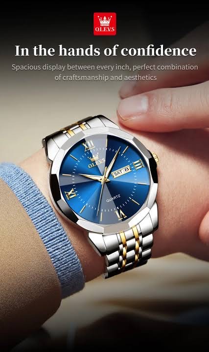 OLEVS 9989 Gents Chain Watch- Blue Dial- Silver Bezel- Silver+Golden Chain- TF Code OL969CM_img_3