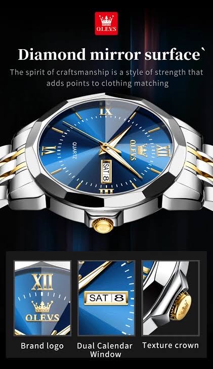 OLEVS 9989 Gents Chain Watch- Blue Dial- Silver Bezel- Silver+Golden Chain- TF Code OL969CM_img_4