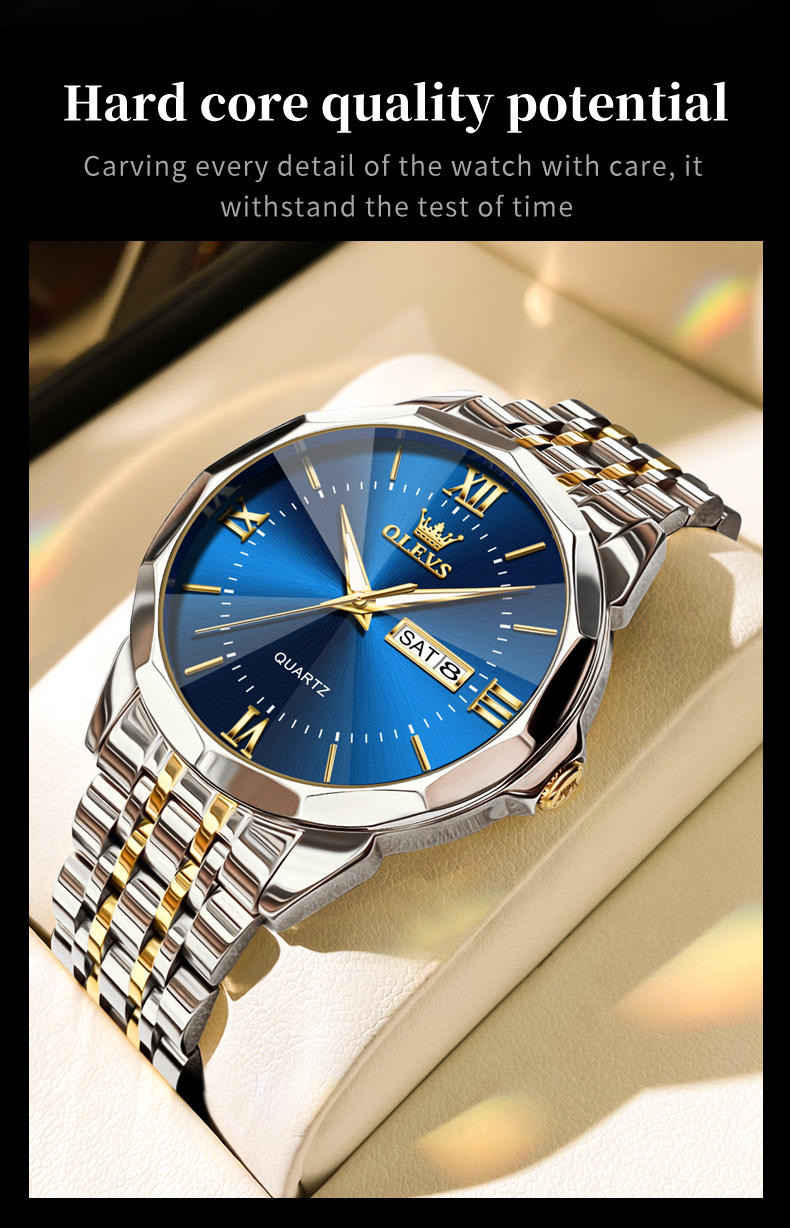 OLEVS 9989 Gents Chain Watch- Blue Dial- Silver Bezel- Silver+Golden Chain- TF Code OL969CM_img_5