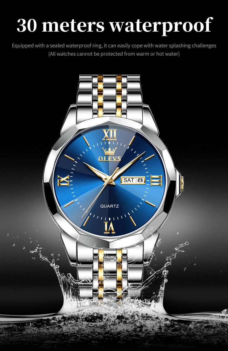 OLEVS 9989 Gents Chain Watch- Blue Dial- Silver Bezel- Silver+Golden Chain- TF Code OL969CM_img_6