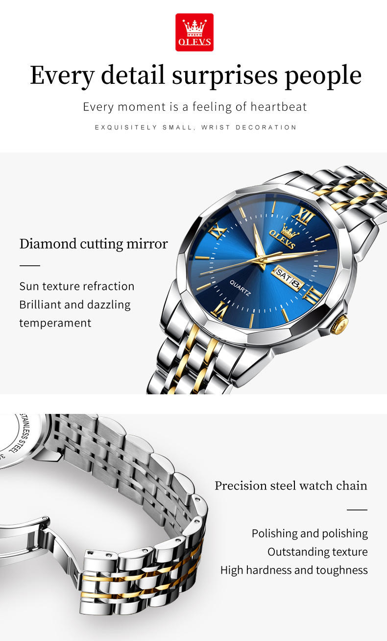 OLEVS 9989 Gents Chain Watch- Blue Dial- Silver Bezel- Silver+Golden Chain- TF Code OL969CM_img_8