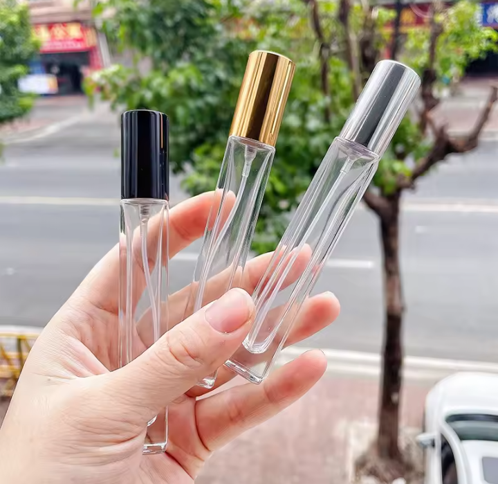 Empty 10ml Perfume Atomizer Refillable Spray Glass Bottle Slim long Square shape Transparent  Random color cap 1 pcs_img_0