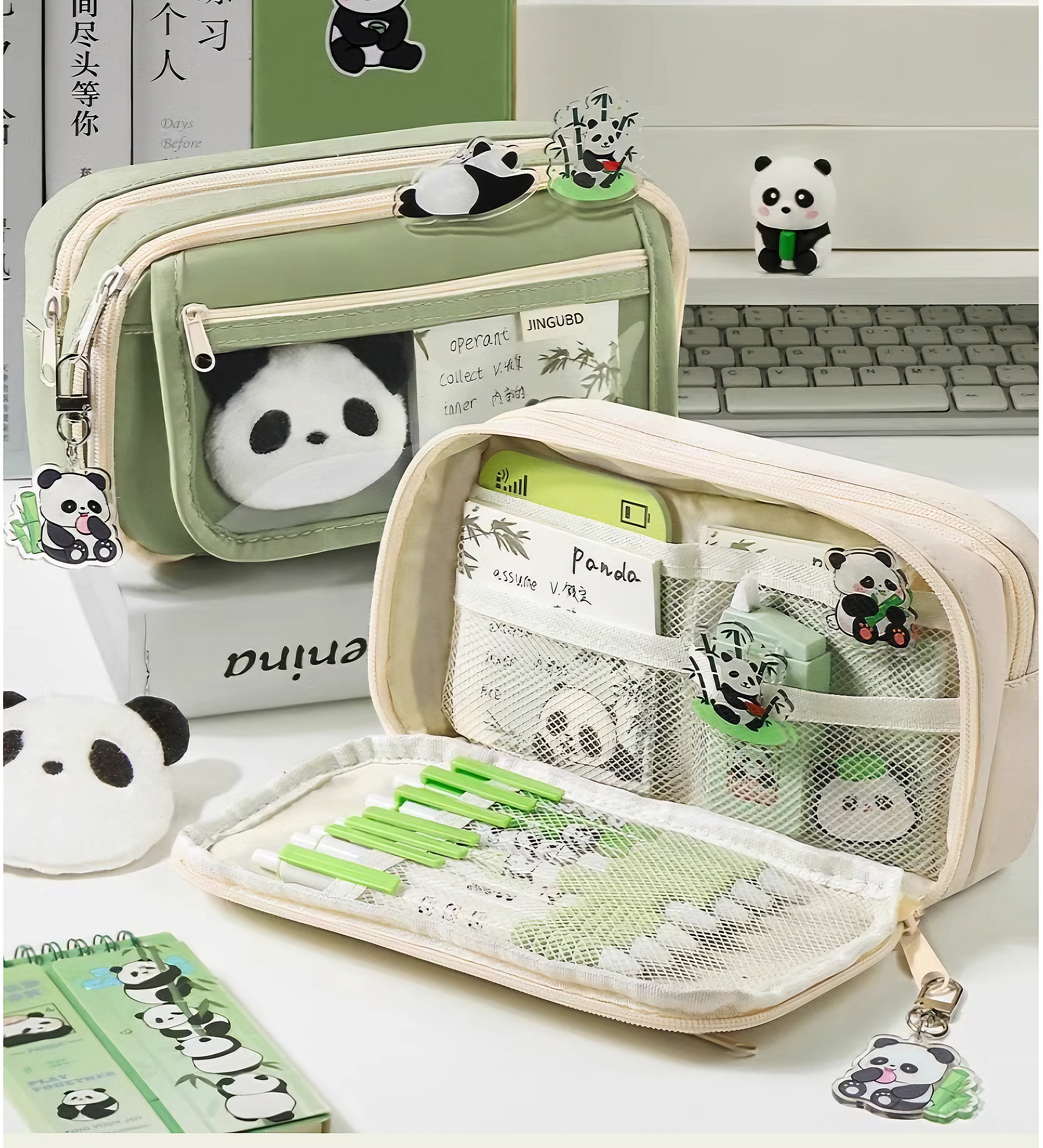 Panda Pencil Case Large Capacity Stationery Set / Avocado green - 6 panda pen + panda clip + keychain + note pad + panda doll_img_0