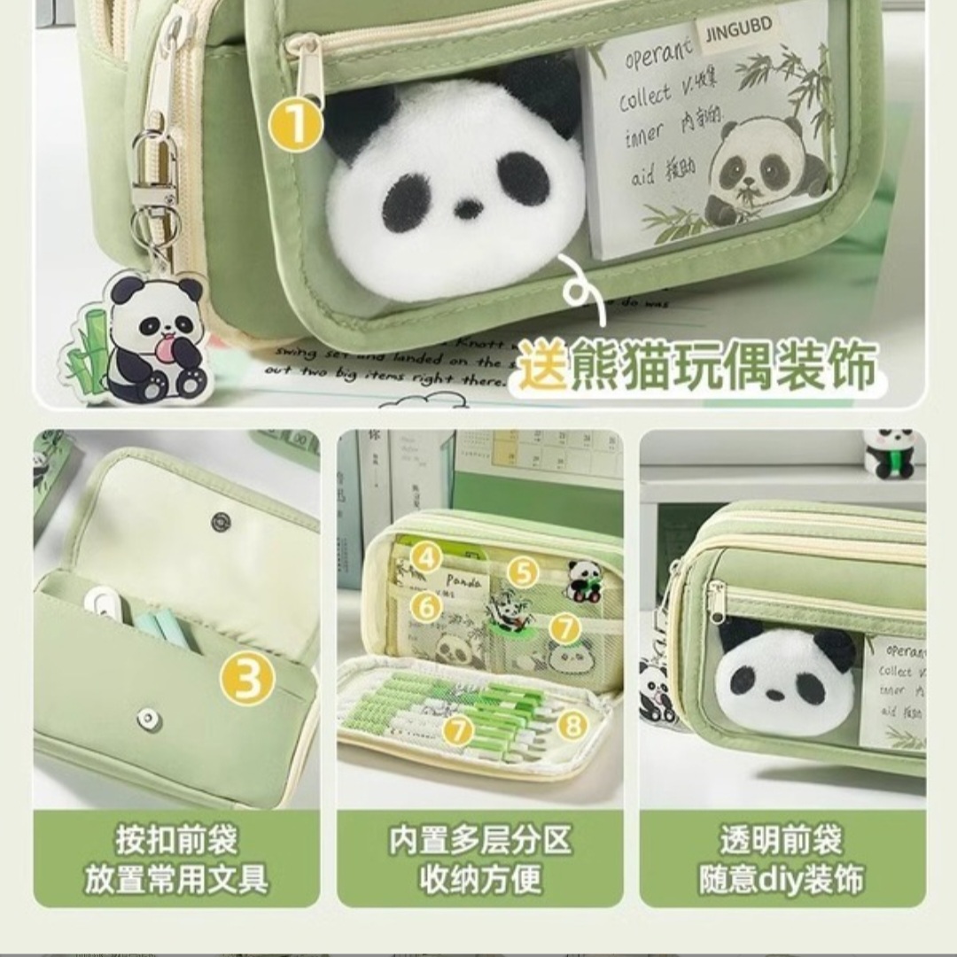 Panda Pencil Case Large Capacity Stationery Set / Avocado green - 6 panda pen + panda clip + keychain + note pad + panda doll_img_1