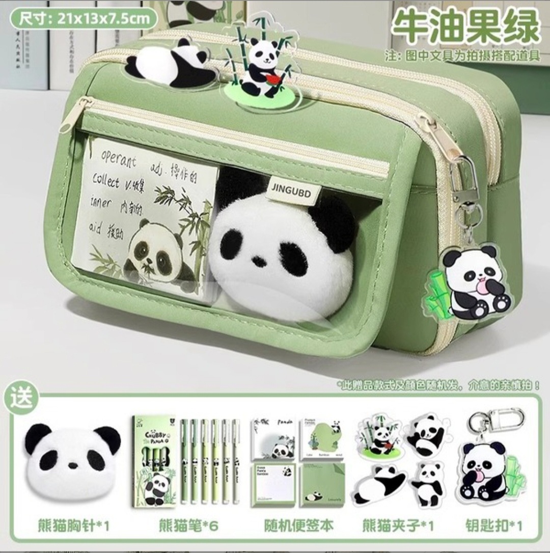 Panda Pencil Case Large Capacity Stationery Set / Avocado green - 6 panda pen + panda clip + keychain + note pad + panda doll_img_2