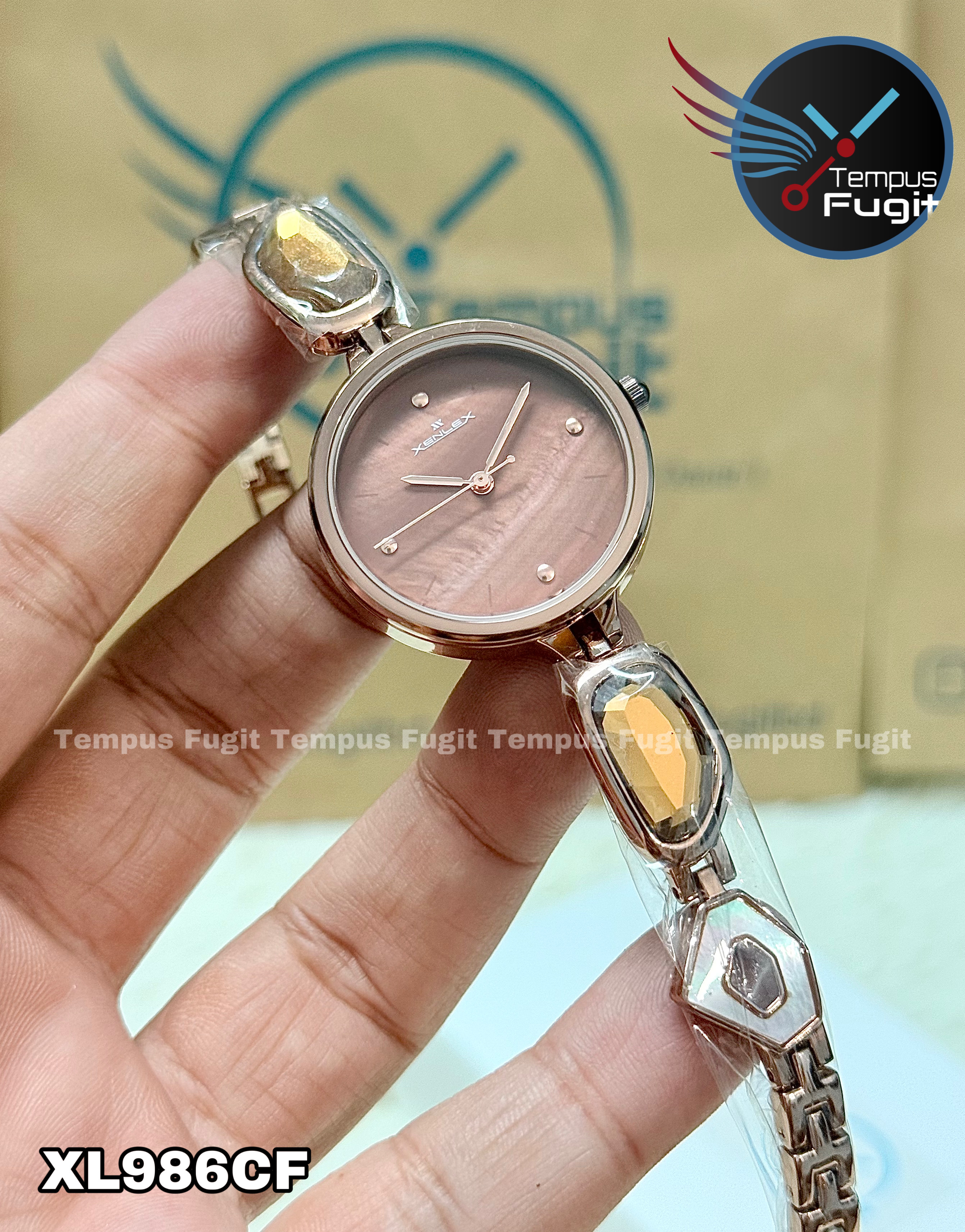 XENLEX-80A99L Ladies Watch- Coffee Dial- Coffee Bezel- Coffee Chain with Stones- TF Code XL986CF_img_0