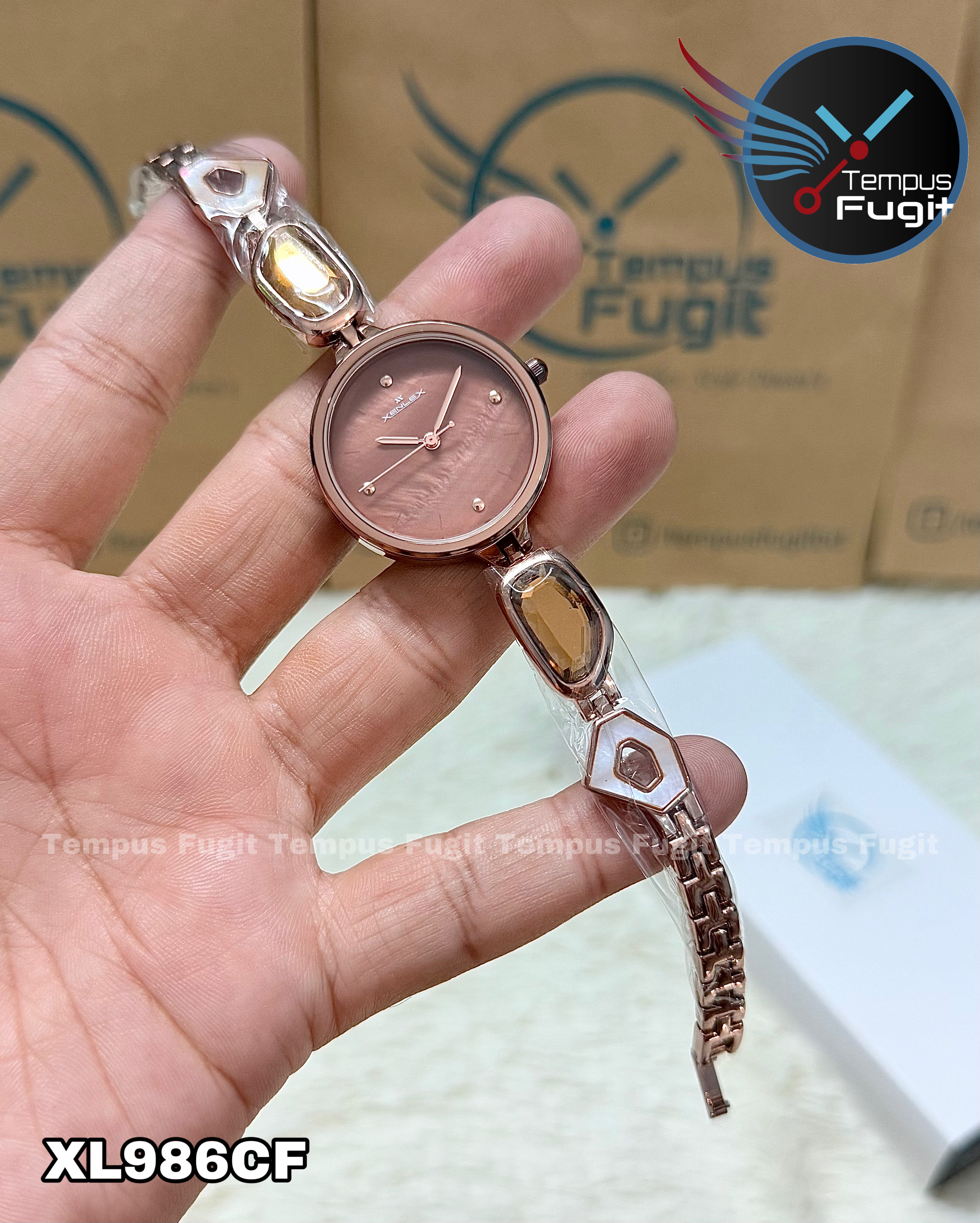 XENLEX-80A99L Ladies Watch- Coffee Dial- Coffee Bezel- Coffee Chain with Stones- TF Code XL986CF_img_1