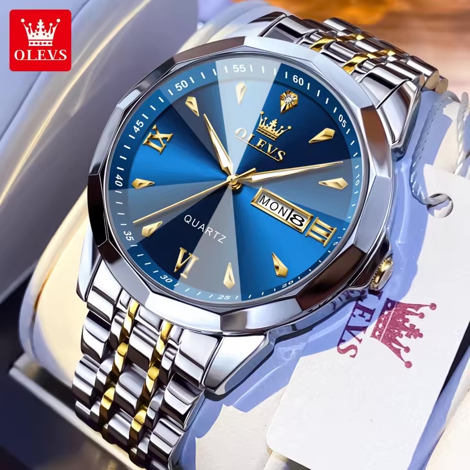 OLEVS 9998 Gents Chain Watch- Blue Dial- Silver Bezel- Silver+Golden Chain- TF Code OL969CM_img_0