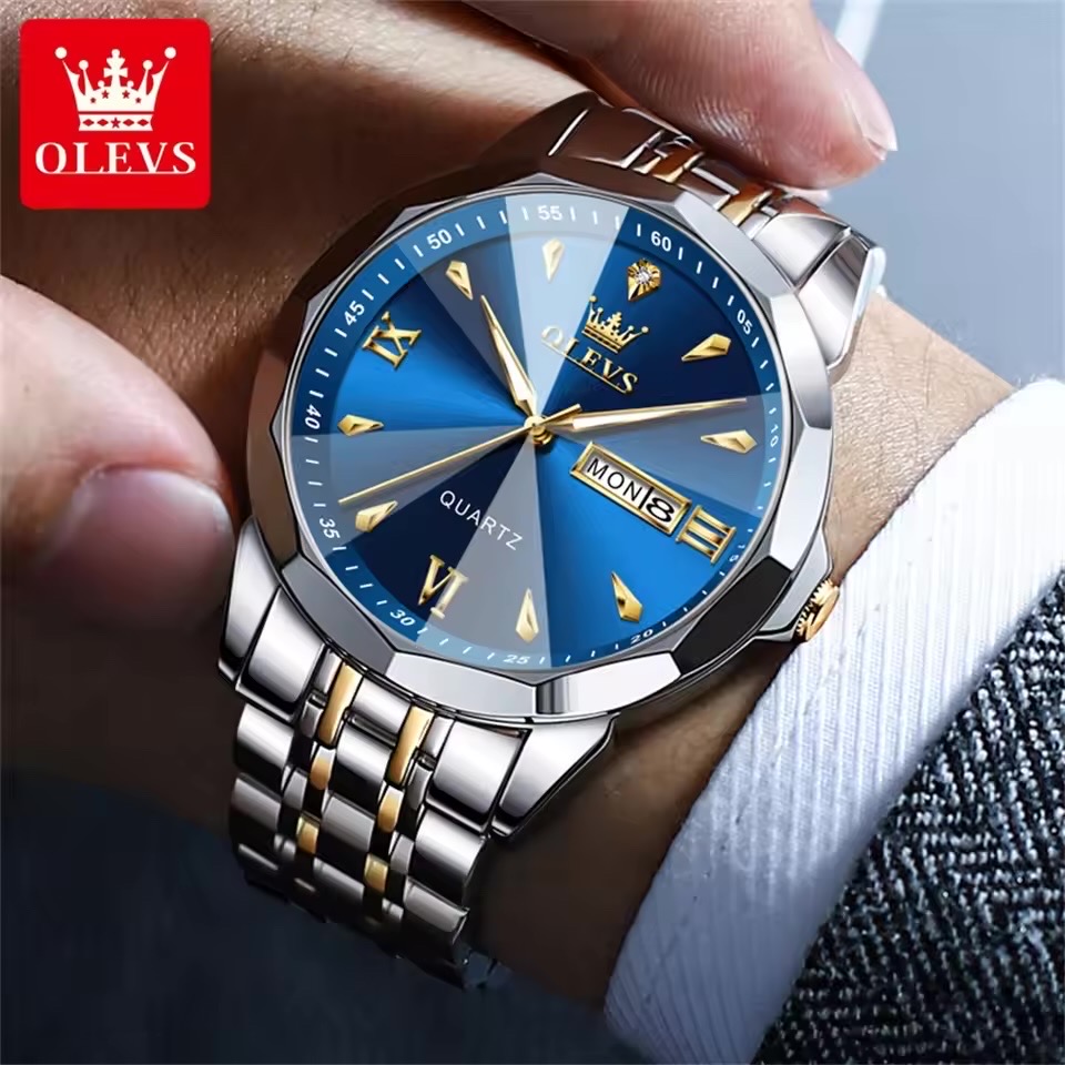 OLEVS 9998 Gents Chain Watch- Blue Dial- Silver Bezel- Silver+Golden Chain- TF Code OL969CM_img_1