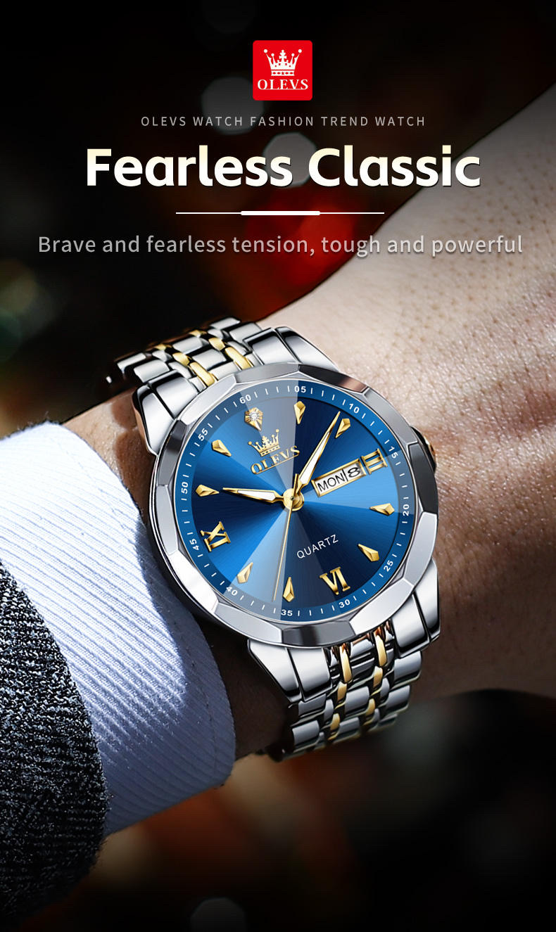 OLEVS 9998 Gents Chain Watch- Blue Dial- Silver Bezel- Silver+Golden Chain- TF Code OL969CM_img_3