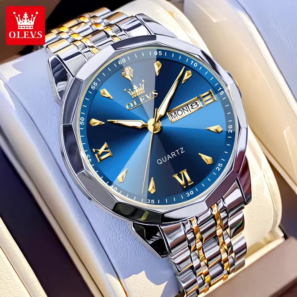 OLEVS 9998 Gents Chain Watch- Blue Dial- Silver Bezel- Silver+Golden Chain- TF Code OL969CM_img_4