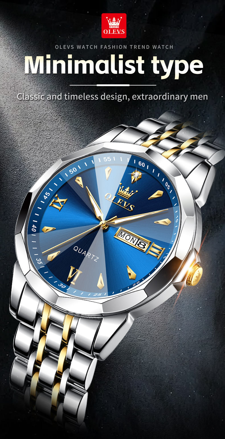 OLEVS 9998 Gents Chain Watch- Blue Dial- Silver Bezel- Silver+Golden Chain- TF Code OL969CM_img_5