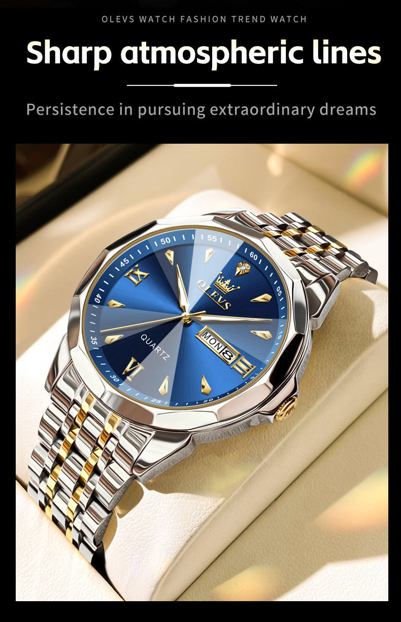 OLEVS 9998 Gents Chain Watch- Blue Dial- Silver Bezel- Silver+Golden Chain- TF Code OL969CM_img_6