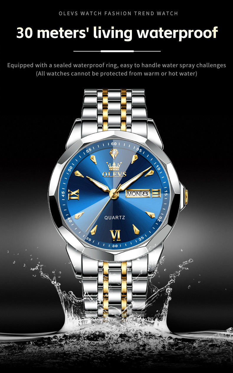 OLEVS 9998 Gents Chain Watch- Blue Dial- Silver Bezel- Silver+Golden Chain- TF Code OL969CM_img_7