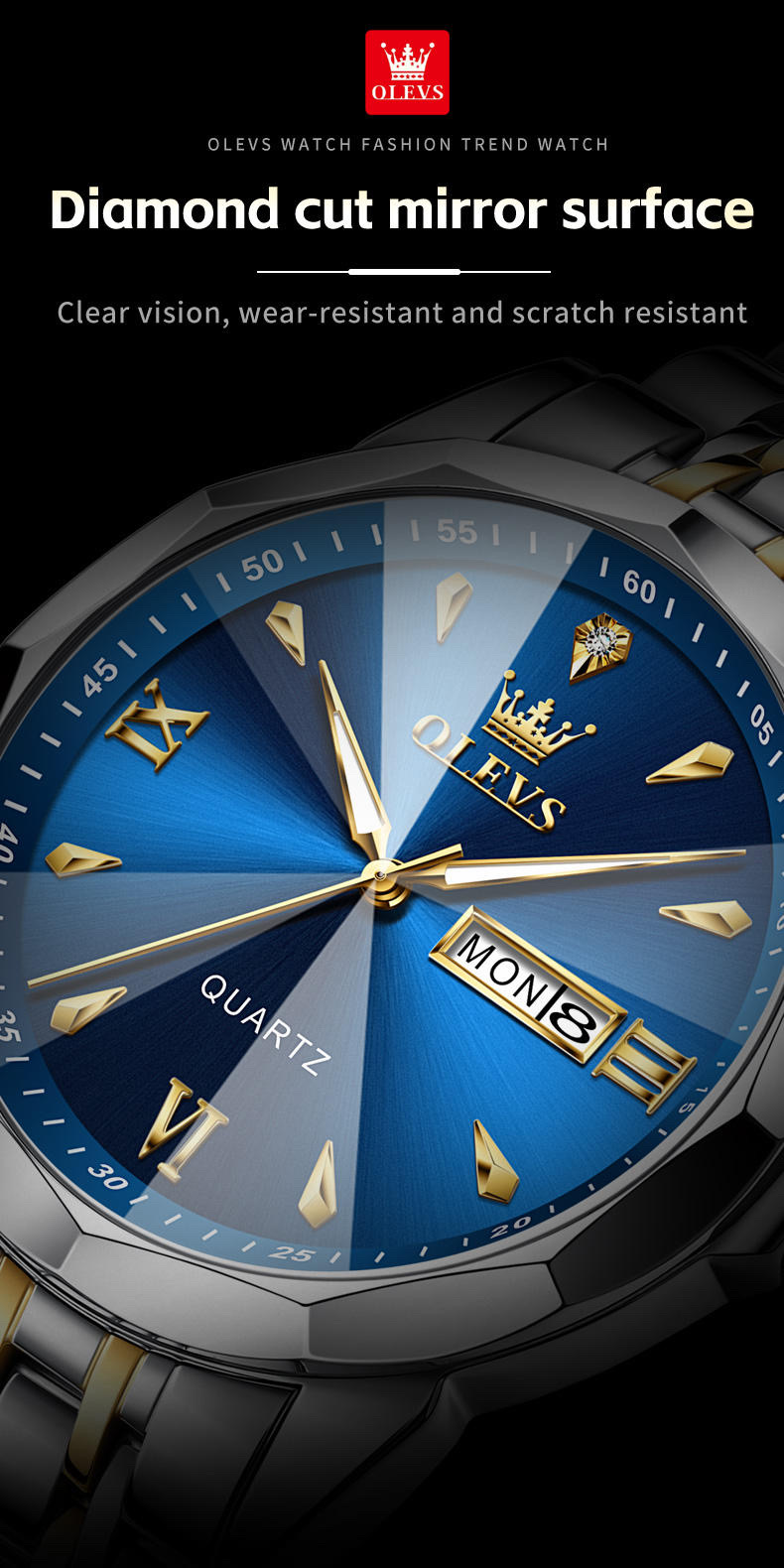 OLEVS 9998 Gents Chain Watch- Blue Dial- Silver Bezel- Silver+Golden Chain- TF Code OL969CM_img_9